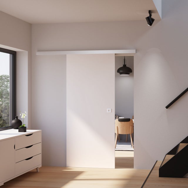 Kit porte coulissante en bois blanc porte à âme pleine + rail aluminium H.203 x l.90 cm SCHULTE, porte intérieure avec revêtement en résine mélaminée