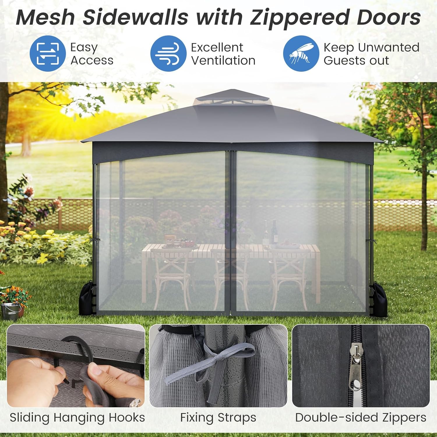 Tonnelle de Jardin Extérieur 3 x 3,6 m avec Moustiquaire, Lestage, Poids, Pergola Jardin, Toit Double Ventilé, Piquets de Sol, 4 Sacs de Sable, Gris - 3