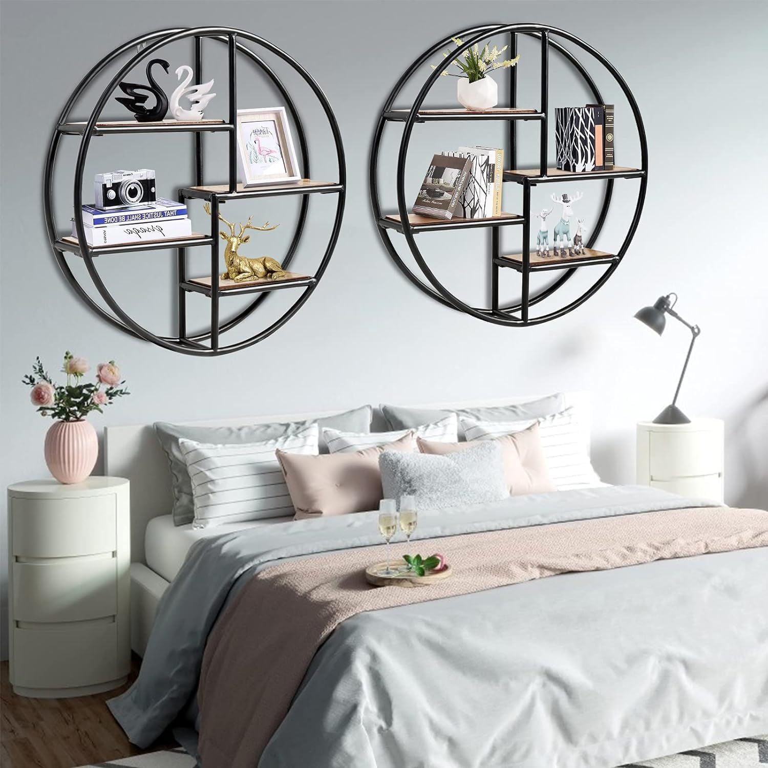 Étagère Murale Ronde, Étagère Suspendue avec 4 étagères en Bois et Métal, Design Industriel, Décoration Murale pour Salon, Salle de Bain, 55x55x11cm - 5