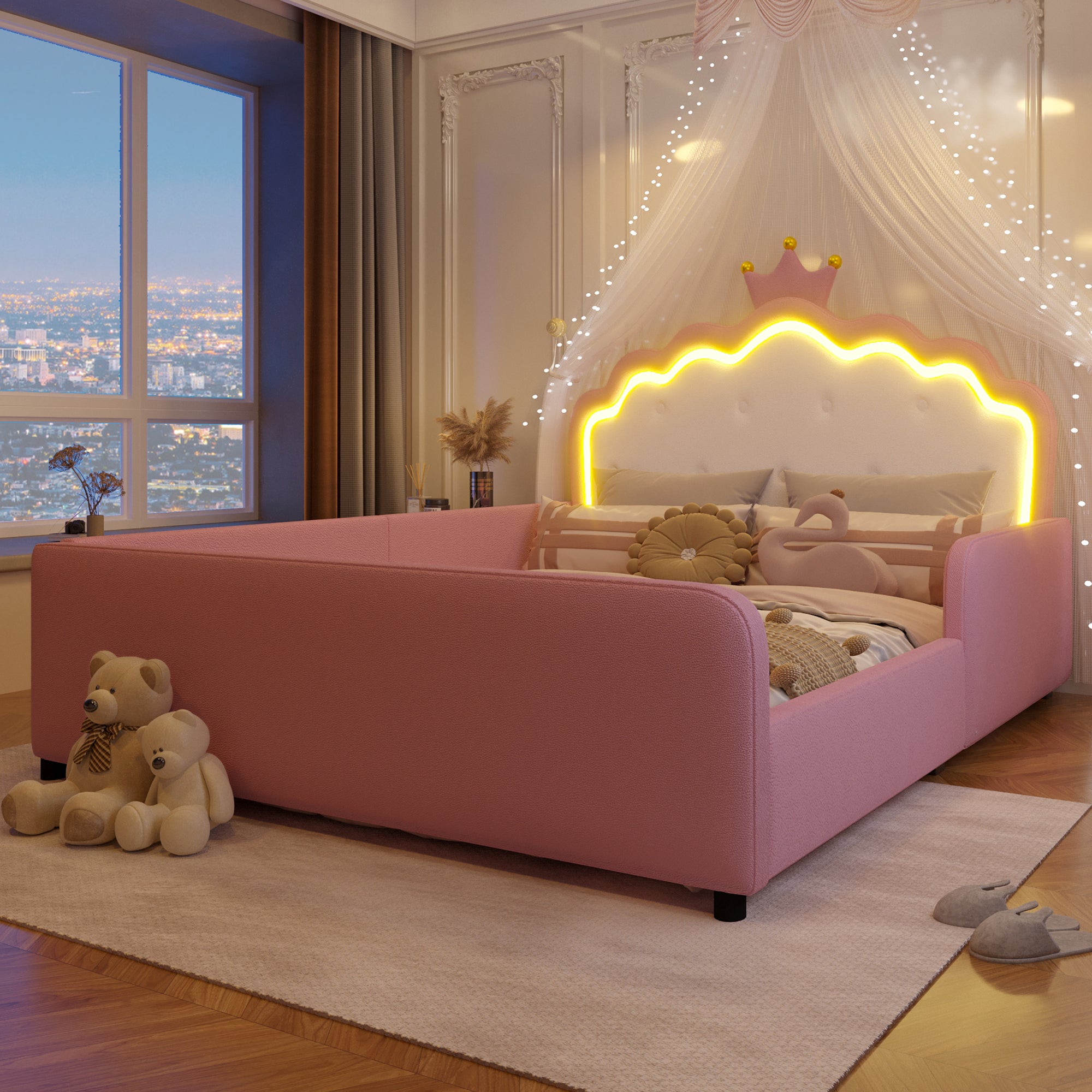 Lit enfant 140×190 cm avec lumière LED, Lit double rembourré,avec tête de lit princesse en forme de couronne, Tissu PU,Rose(matelas non inclus) - 8