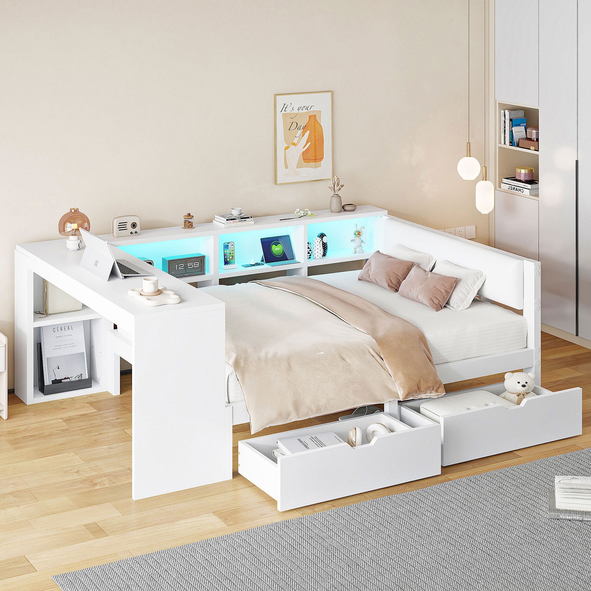 Lit 140 x 200 cm avec bureau, bibliothèque et 2 tiroirs - LEDs et charge de prises - MDF et contreplaqué - Blanc (Sans matelas) - 2
