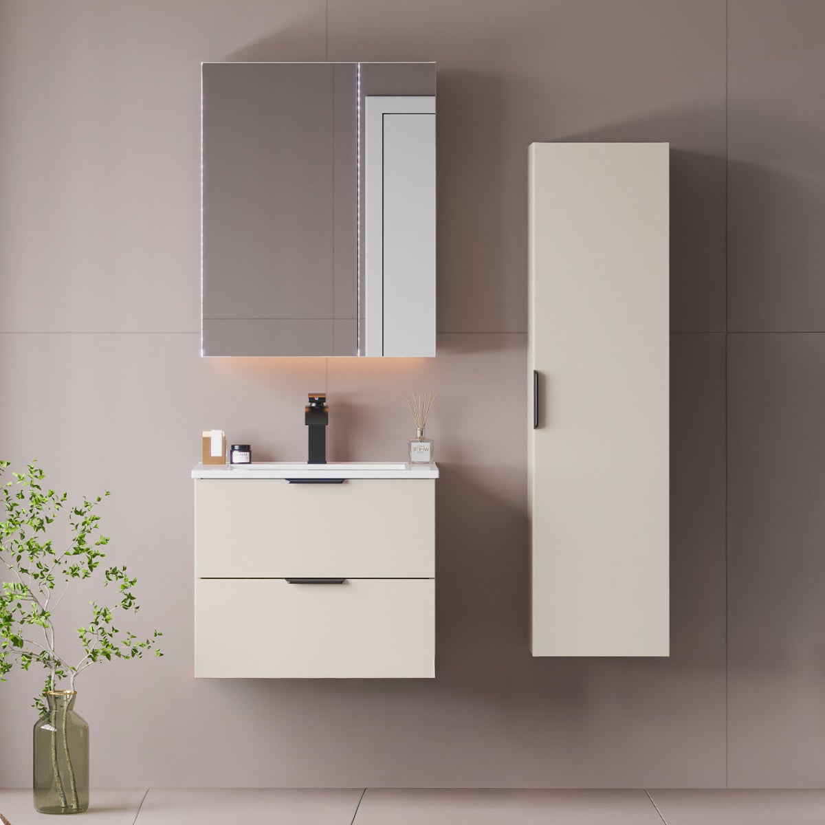 Ensemble meuble simple vasque encastrée 60cm et colonne Astrid Cachemire - 3