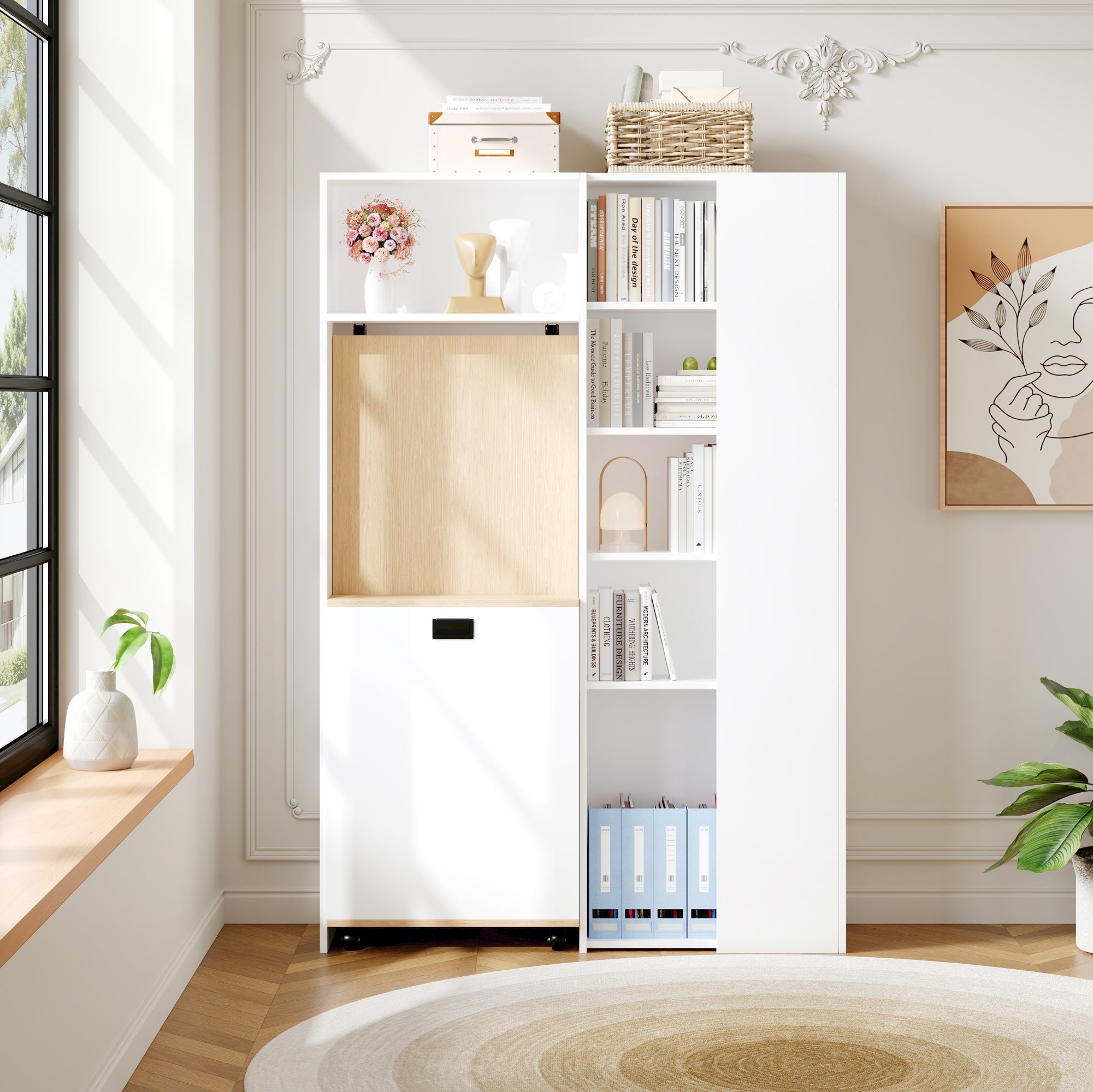 Bureau pliable avec Bibliothèque - 139 x 50 x 71 cm + 104.5 x 30.5 x 160 cm - MDF - Prises de charge et USB - Etagères réglables - Blanc - 3
