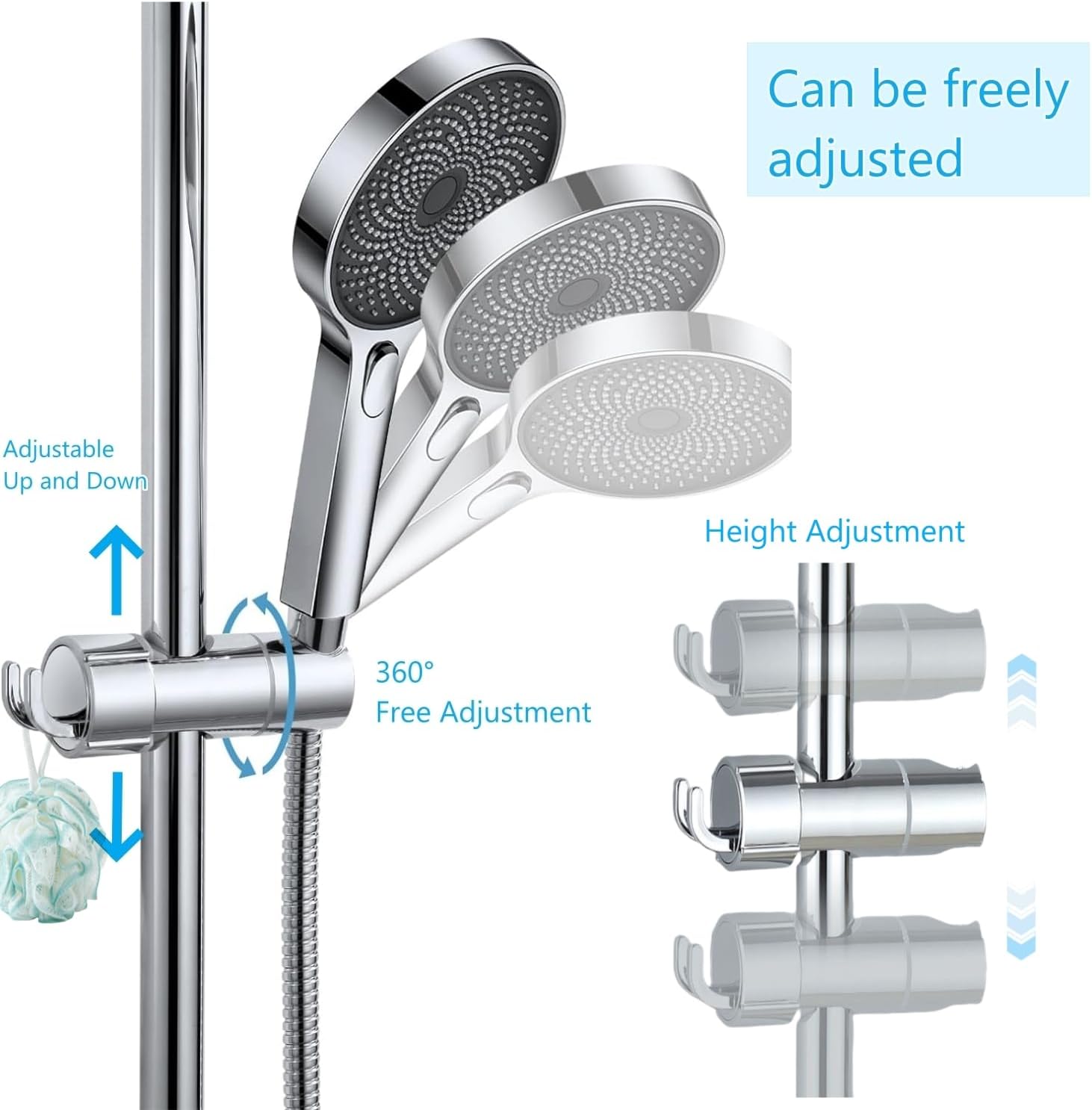 Support de pommeau de douche avec 2 crochets, support de douche à main, réglable à 360°, double antidérapant, facile à installer, argent - 3