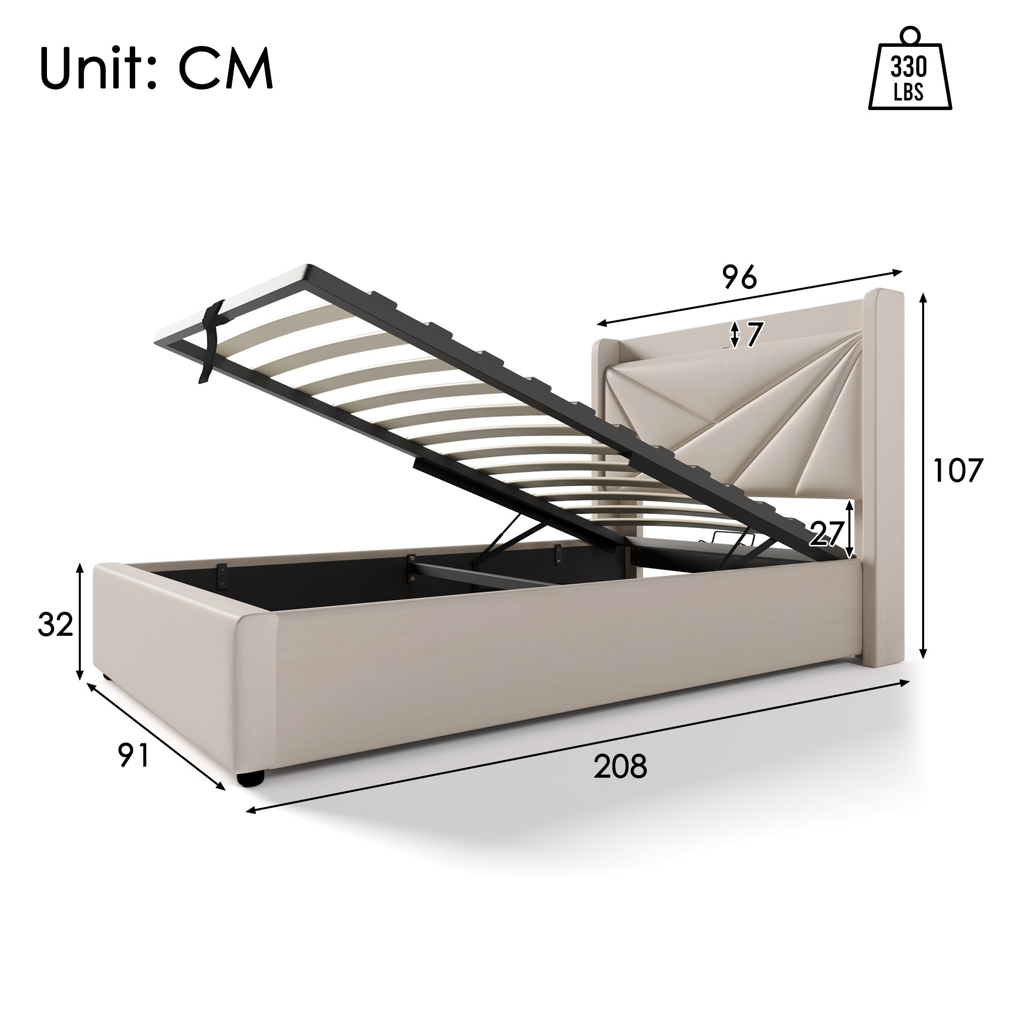 Łóżko 90x200cm z tkaniny lnianej - z portem USB i stelażem na listwy - Beżowe - 5