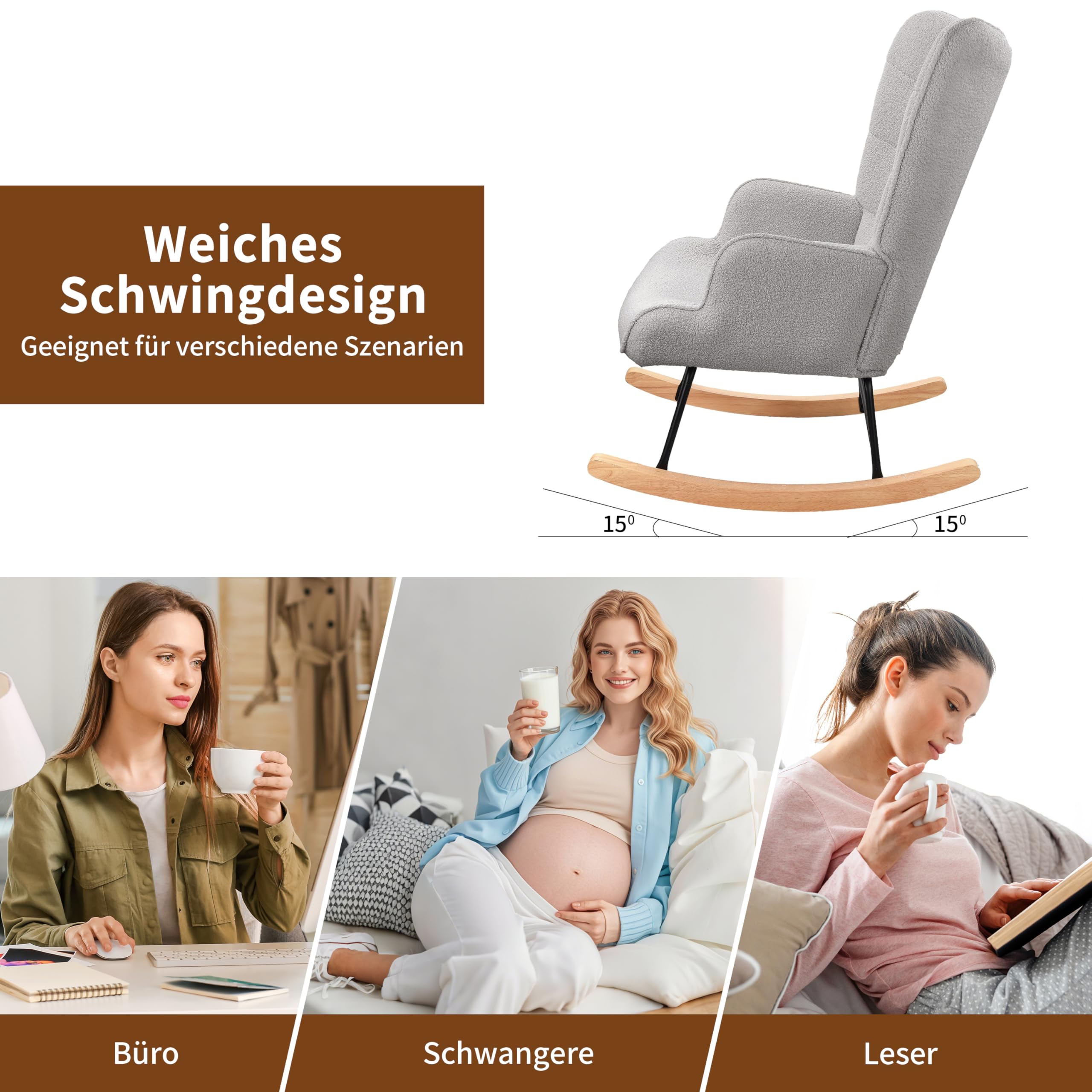 Fauteuil à bascule, d'allaitement, de salon, à bascule, avec structure en métal et base en bois, charge maximale:150 kg, tissu en peluche, Gris clair - 4