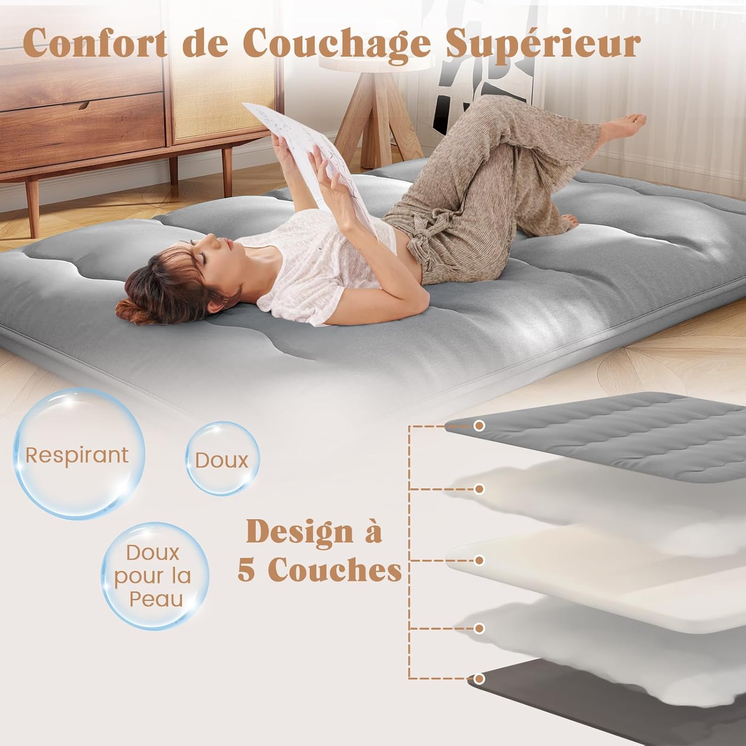 Matelas Futon Japonais 2 Personne 140x200CM, Lit de Couchage Enroulable de Sol Pliable et Portable, Sac de Transport pour Camping, Voyages, Gris - 4