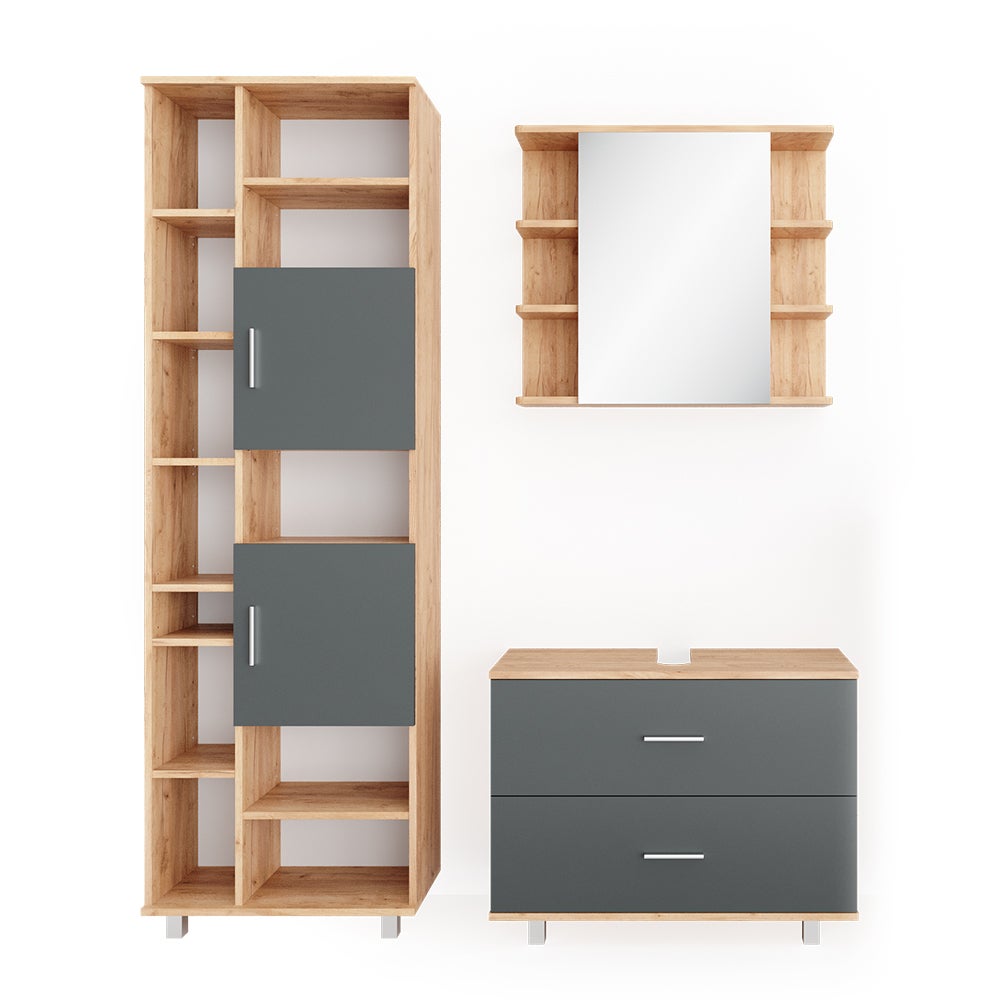 Vicco Zestaw mebli łazienkowych Ilias, Antracyt/złoty dąb, 3 części, z modułem wysokim