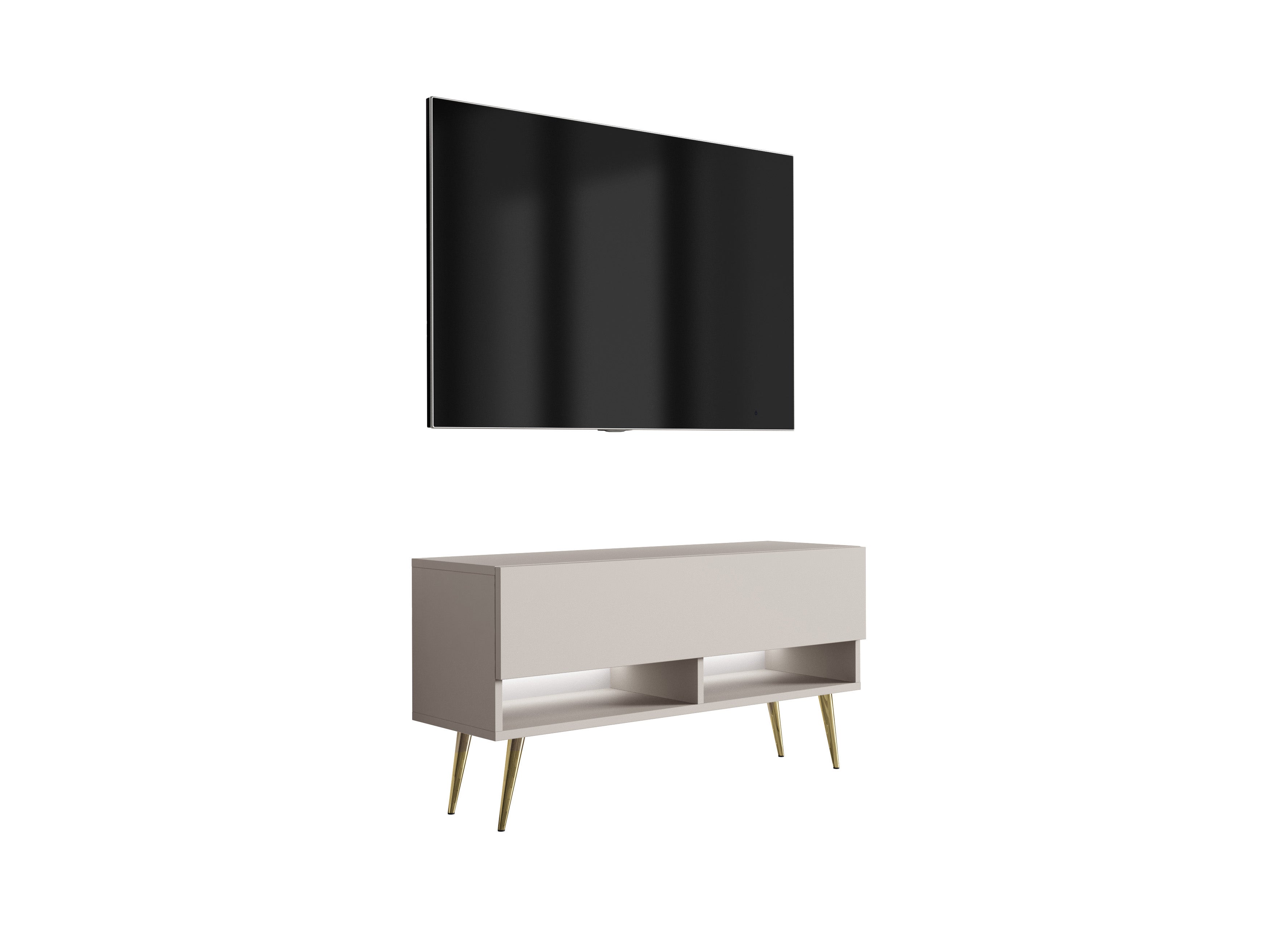 Szafka RTV : Kaszmir, nóżki pochyłe złote, LED biały, 100 × 32 × 52 cm
