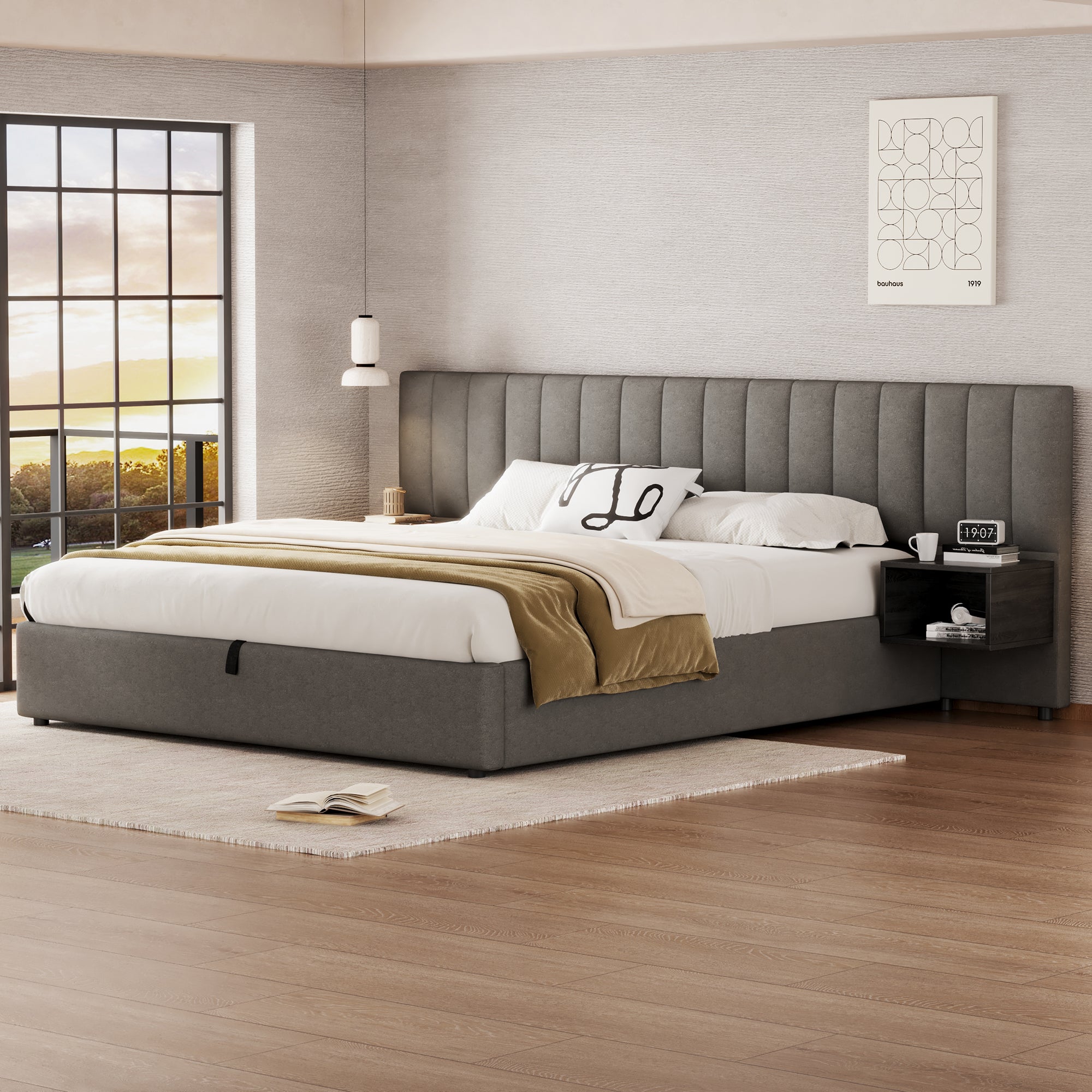 Cama contenedor 180 x 200 cm con cabecero grande y 2 mesitas de noche - Tela de lino - Gris + negro (sin colchón) - 4