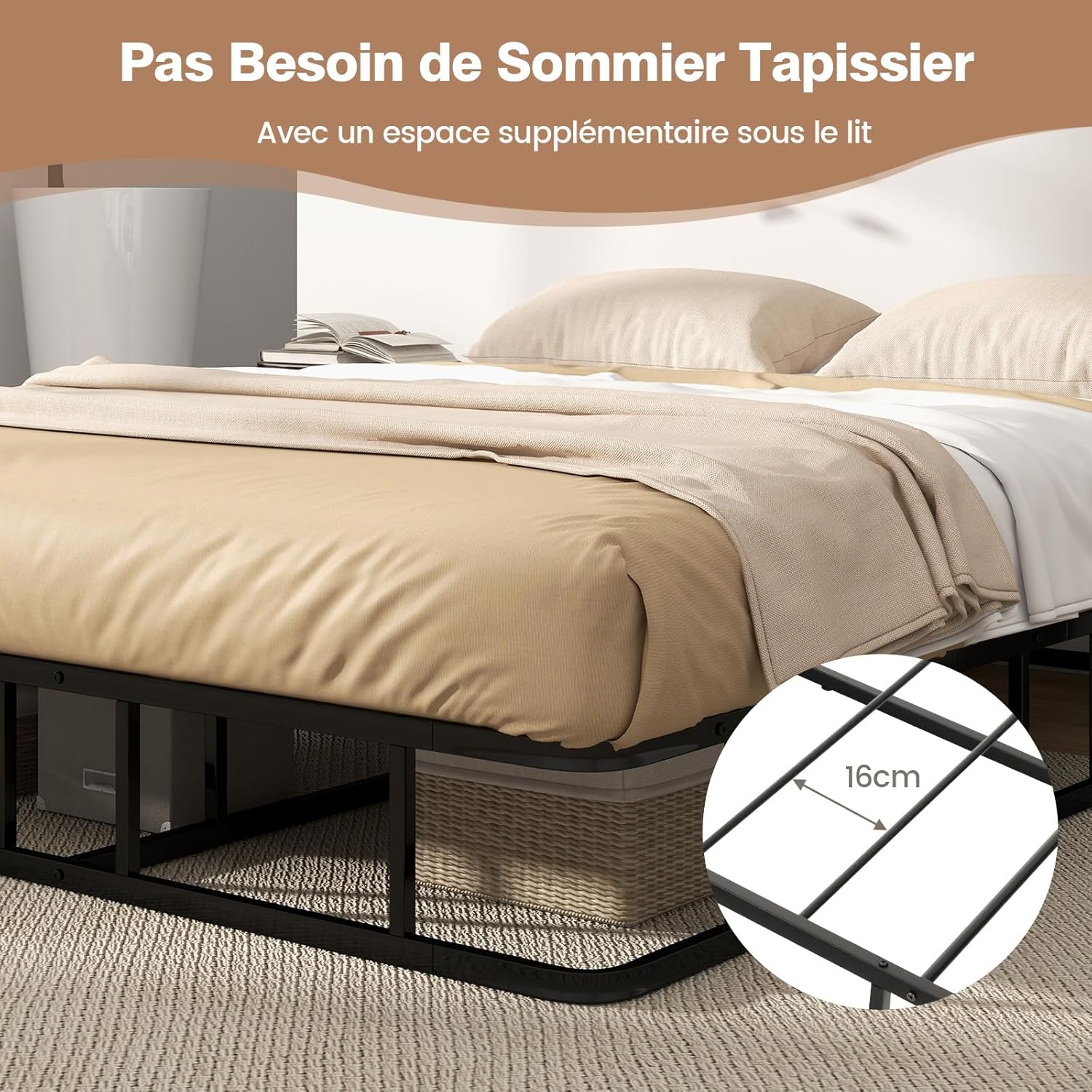 Estrutura de cama de casal 140x200 cm com ripas, cama plataforma de metal tamanho queen para adultos, fácil montagem, carga de 300 kg - 6