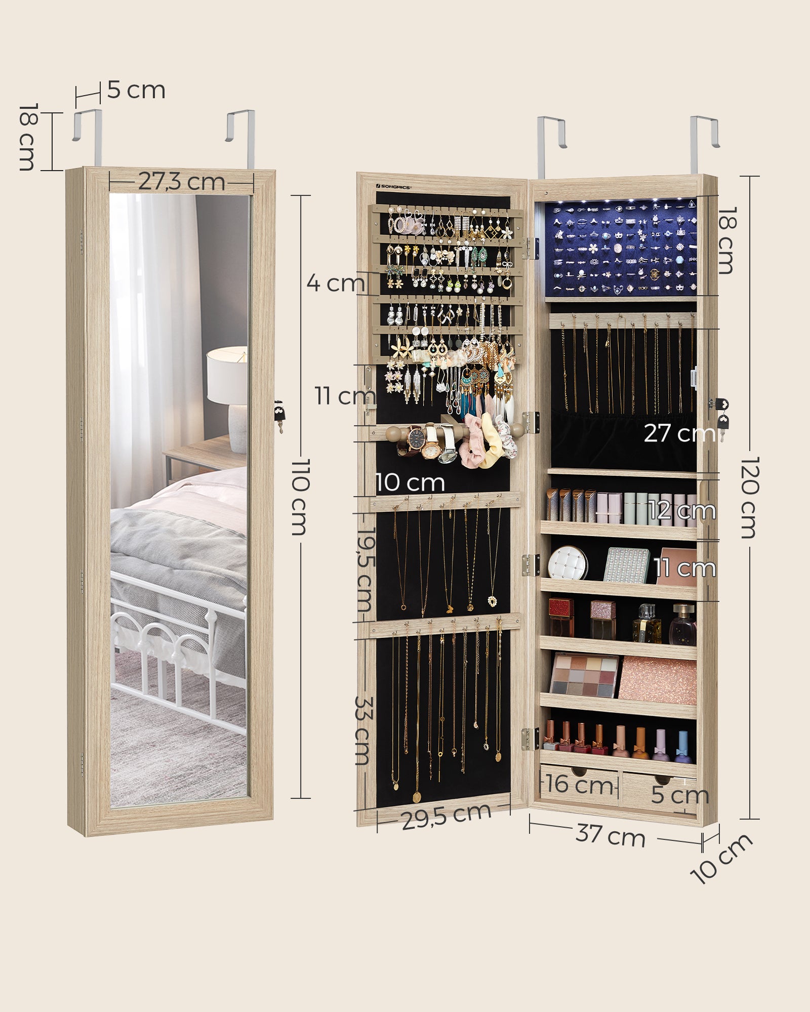 Armoire à Bijoux, Placard à Accessoires, avec Miroir, Divers Compartiments, Verrouillable, Couleur Chêne - 4