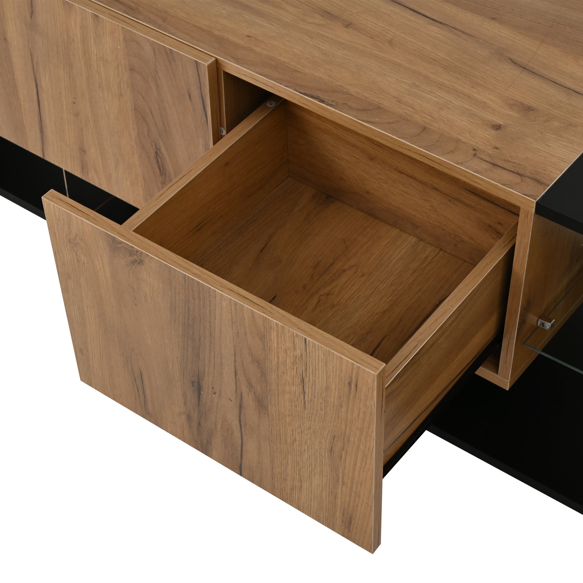Meble pod TV 160x40x42 cm - z 2 szufladami - Szklane półki - z oświetleniem LED - Płyty wiórowe - Czarny - 9
