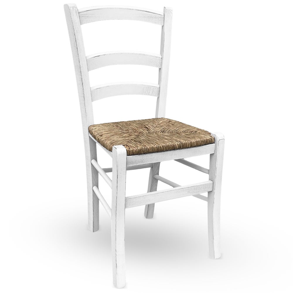 Chaise en bois Venezia vieillie blanche avec assise en paille palustre tressée - 2