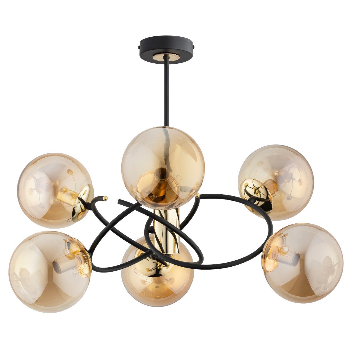 Lampa wisząca Orbita czarno-bursztynowy-złota 6xE14x10W nowoczesna wym: 50 x 68 x 68 cm szkło Alfa