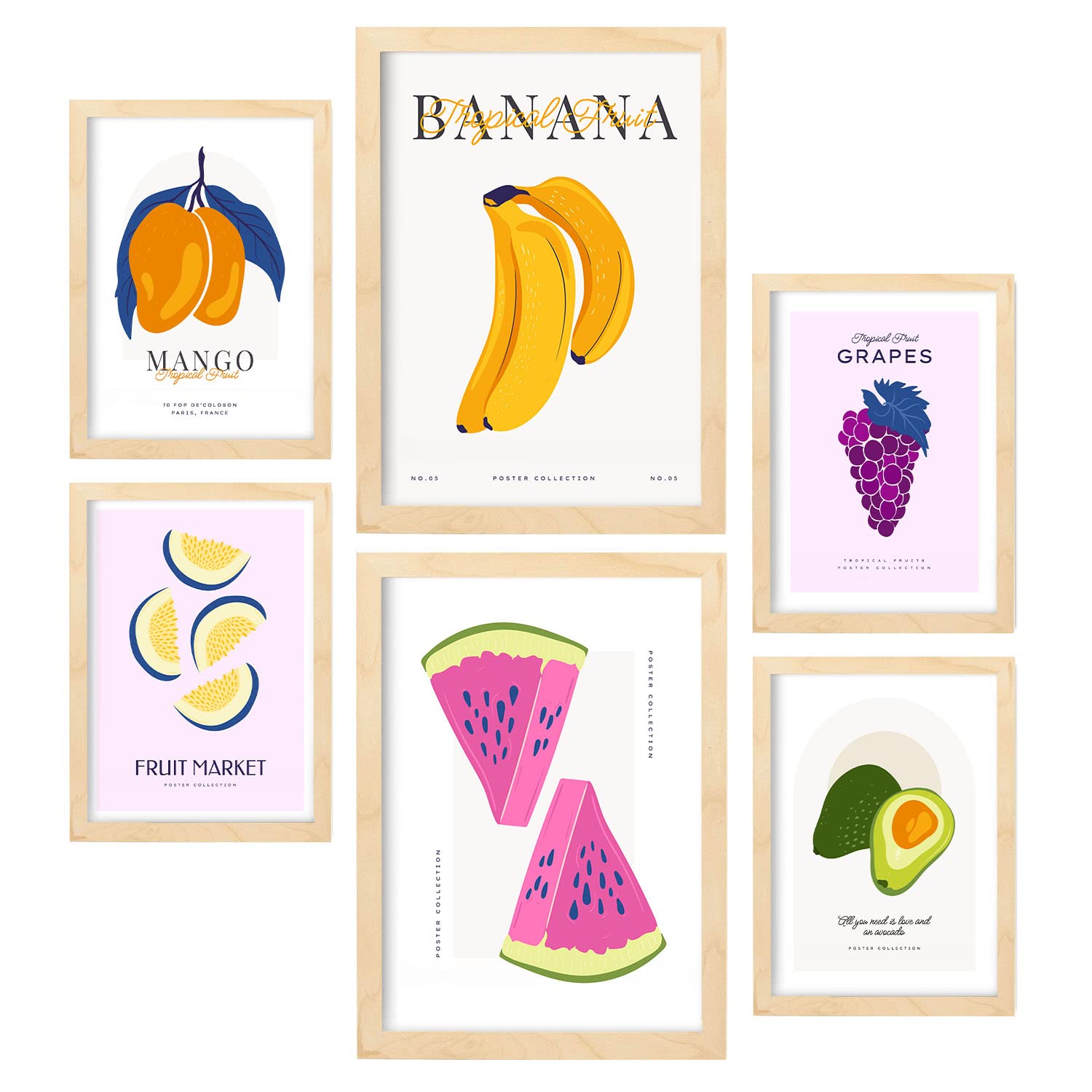 Nacnic set de 6 posters de comida y alimentación frutas de verano láminas de naturaleza y nutrición para el tamaños a3 & a4 marcos color madera