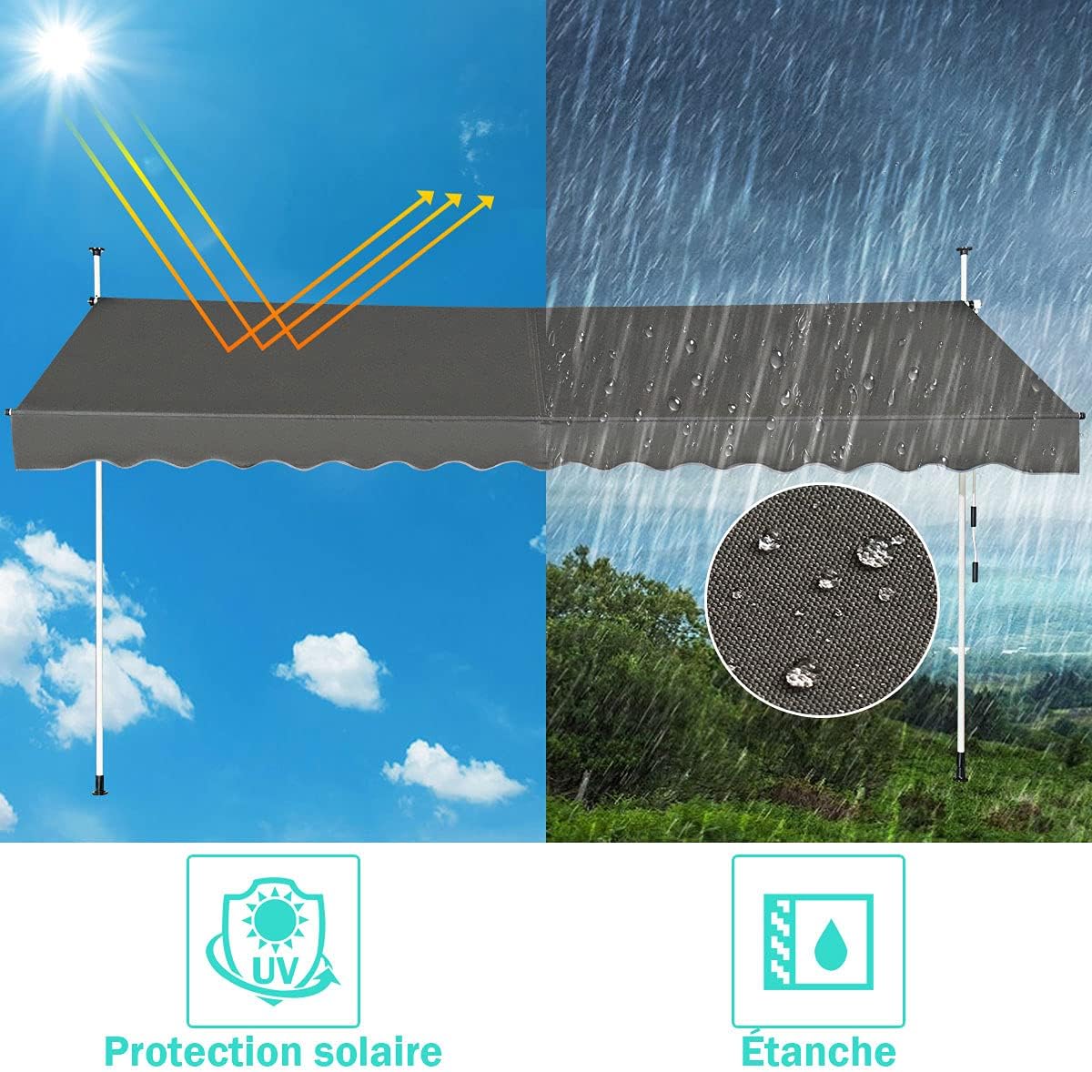 Store Banne Manuel Rétractable, Auvent Balcon Terrasse Rétractable sans Percage, Hauteur Réglable 2-3M, 3,5x1,75M, Gris - 4