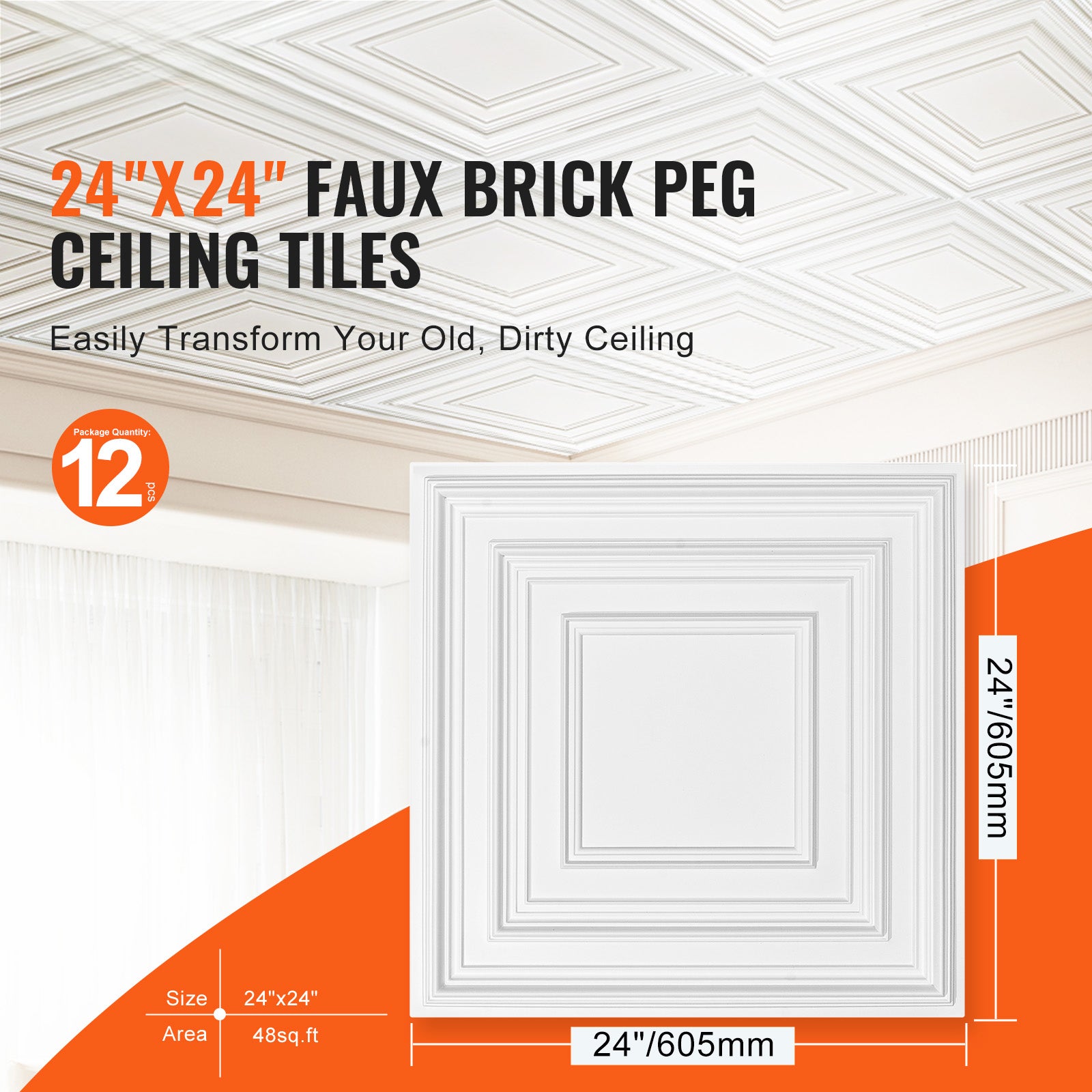 Plaques Murales de Plafond PVC SucceBuy 605 x 605 mm, Lot de 12, Panneaux Blancs Relief 3D à Coller ou Suspendre - 4