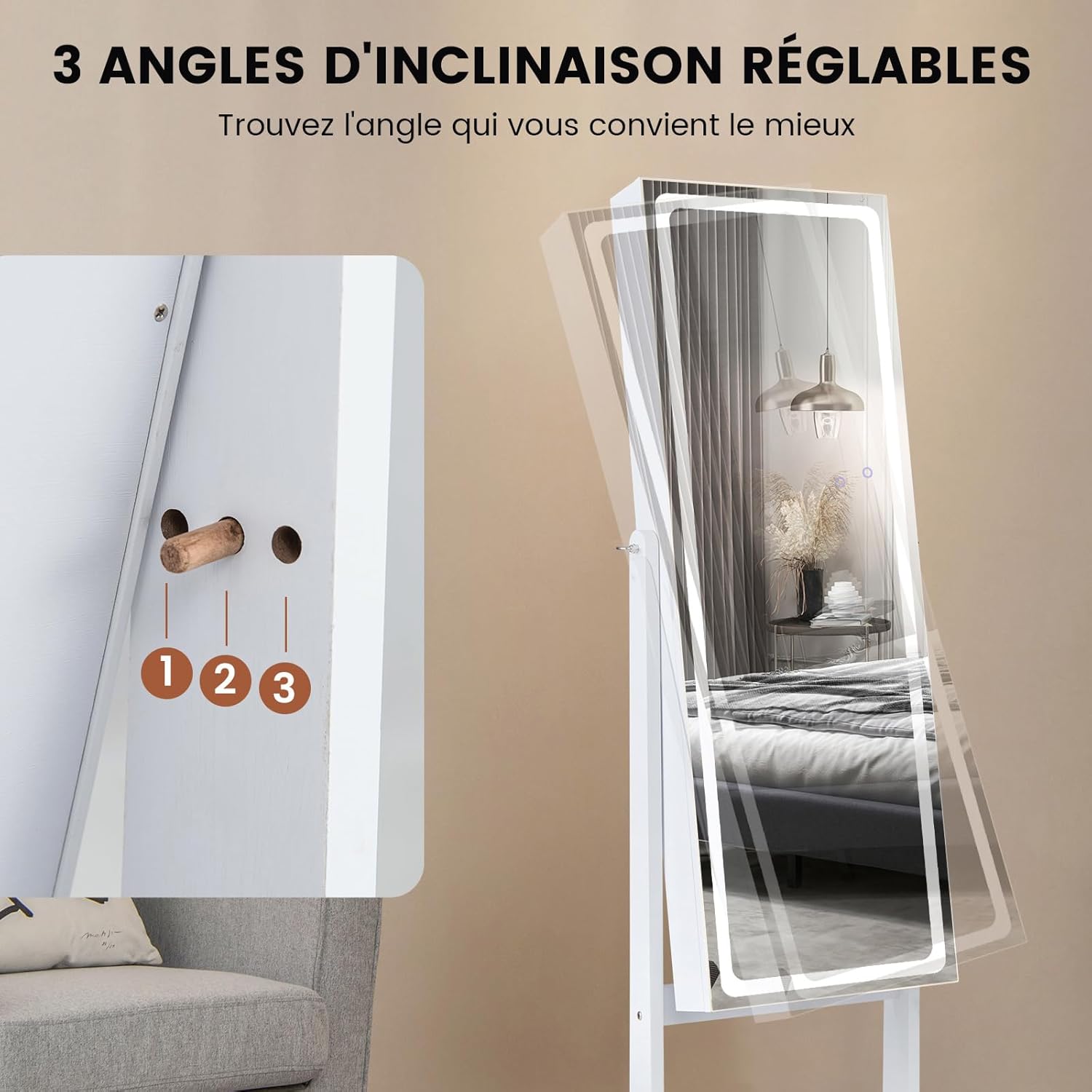 Armoire à Bijoux avec Miroir sur Pieds, Grand Miroir Psyché Sans Cadre avec Éclairage LED 3 Couleurs, avec 3 Angles Ajustables (Blanc) - 8