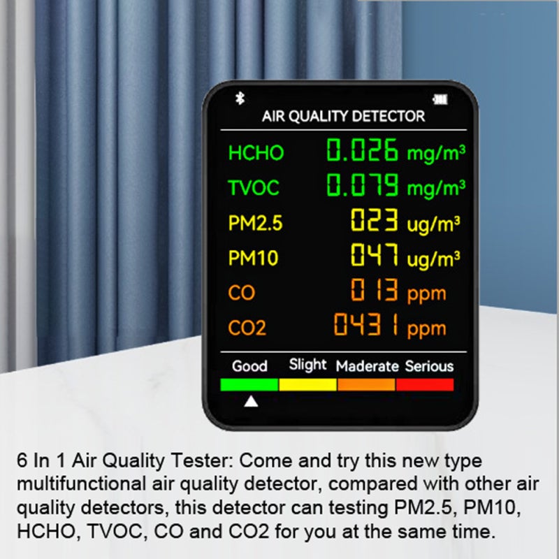 Monitor de calidad del aire multifuncional 6 en 1, detecta PM2.5, PM10, HCHO, TVOC, CO, CO2, pantalla LCD grande, portátil para hogar, oficina, hotel - 3