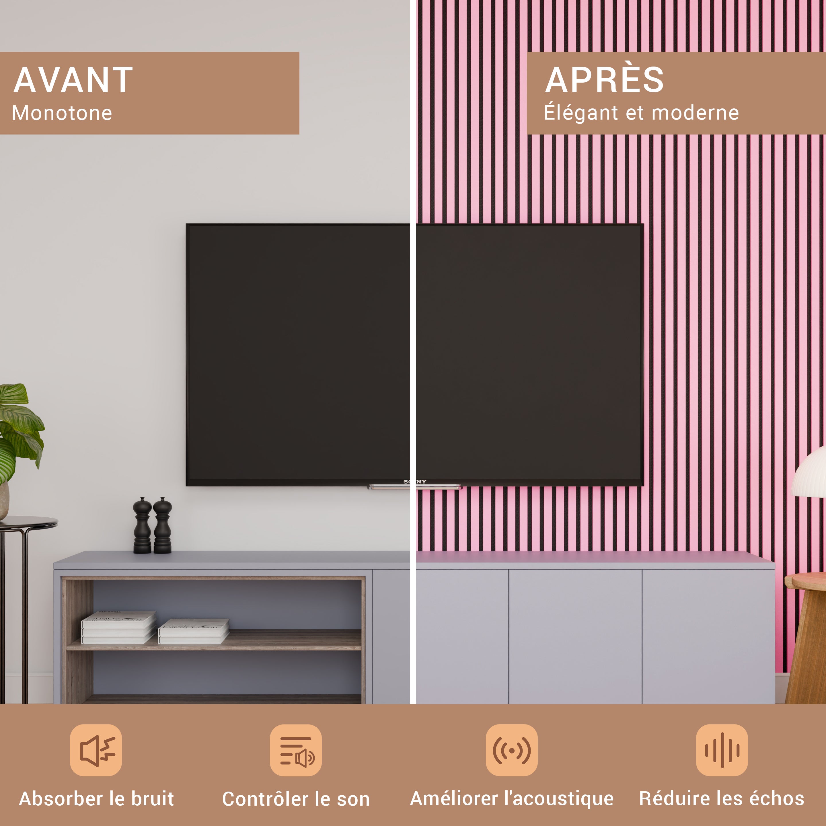 Lot 4 pièces - Panneau Acoustique - Rose - Feutrine Noir - 240x60x1.1cm - 4