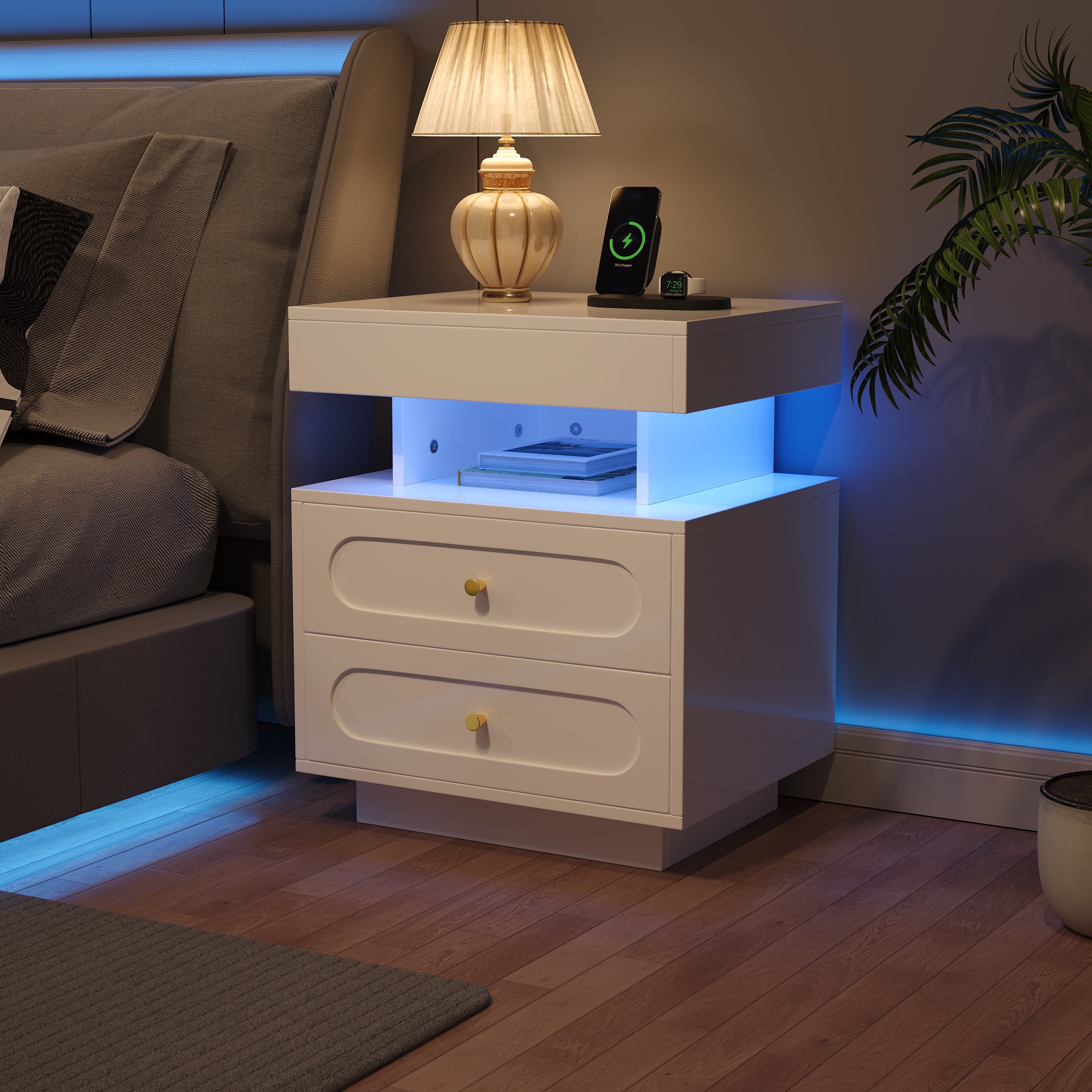 Stolik nocny 50x40x60 cm - z oświetleniem LED - z 2 szufladami i 1 otwartą przestrzenią przechowawczą - Biały - 4