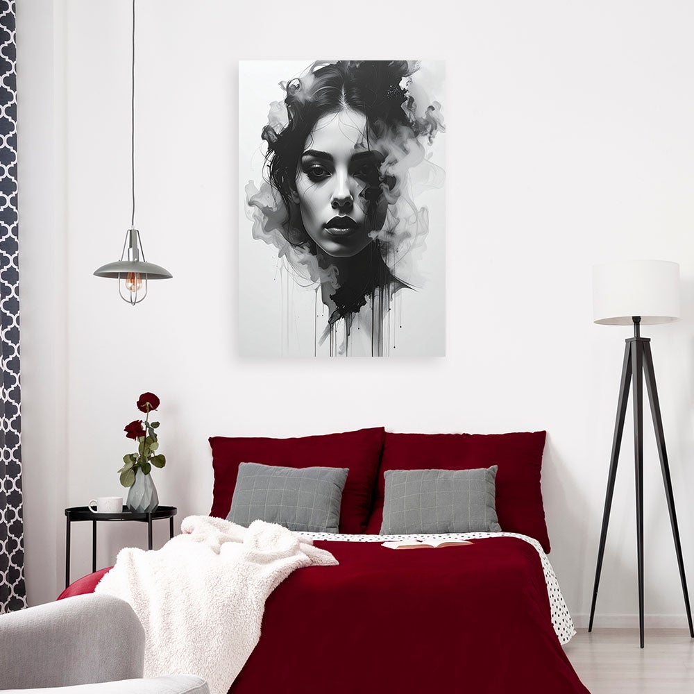 Nowoczesny obraz do salonu sypialni, Abstrakcja Kobieta portret czarno biały z efektem dymu 60x90 - 2