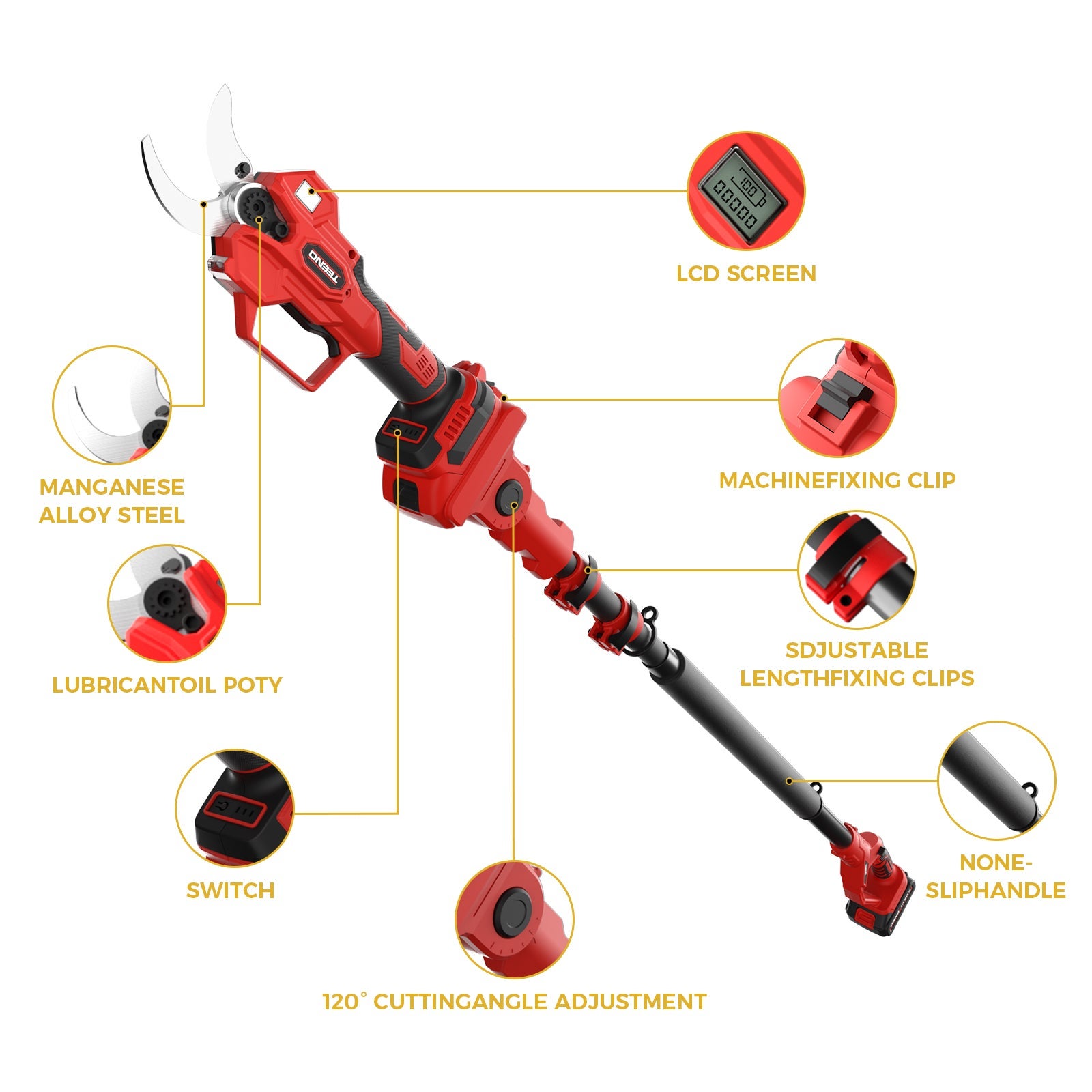 TEENO Elagueuse sans fil avec perche télescopique de 2 mètres, diamètre 15-40mm, 2 * batteries 2.0Ah - 2