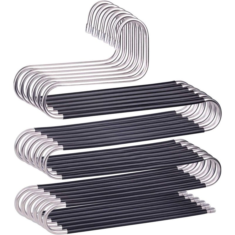 (Czarny) Zestaw 6 wieszaków w kształcie litery S ze stali nierdzewnej, antypoślizgowych, do spodni, dżinsów, szalików i spodni.