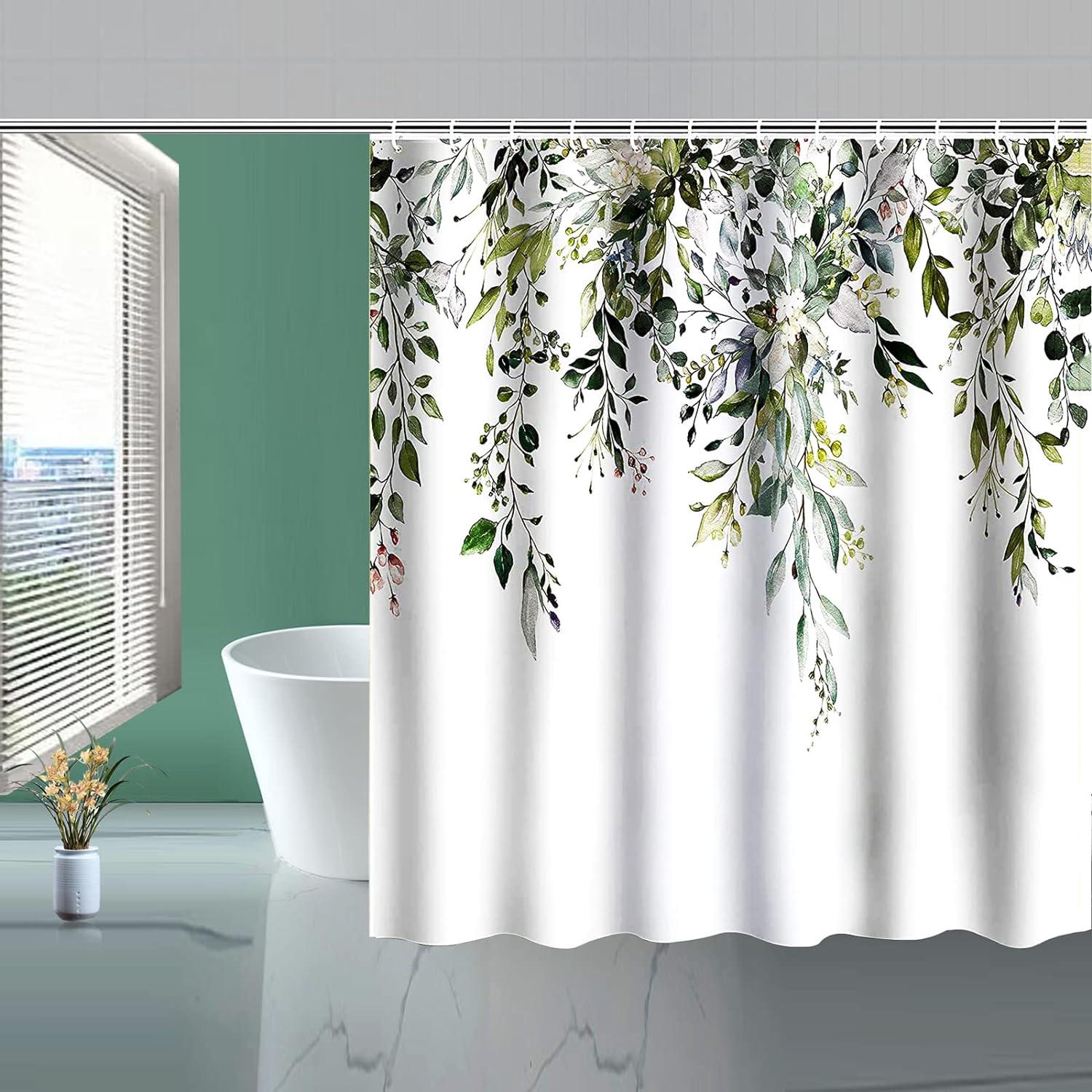 Ruelvth Cortina De Ducha De Eucalipto, Color Verde Salvia Primaveral Y Dorado Con Hojas Abstractas, Juego De Cortina De Ducha Para Baño, Tela Impermeable, Acuarela, Decoración De Baño Botánica Con