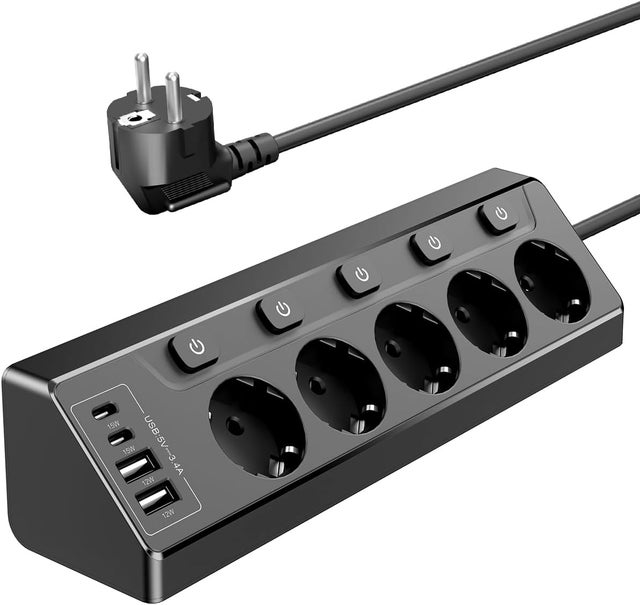 Listwa zasilająca do blatu kuchennego, 5 gniazdek, 2 porty USB-A i 2 porty USB-C, przedłużacz 2 m