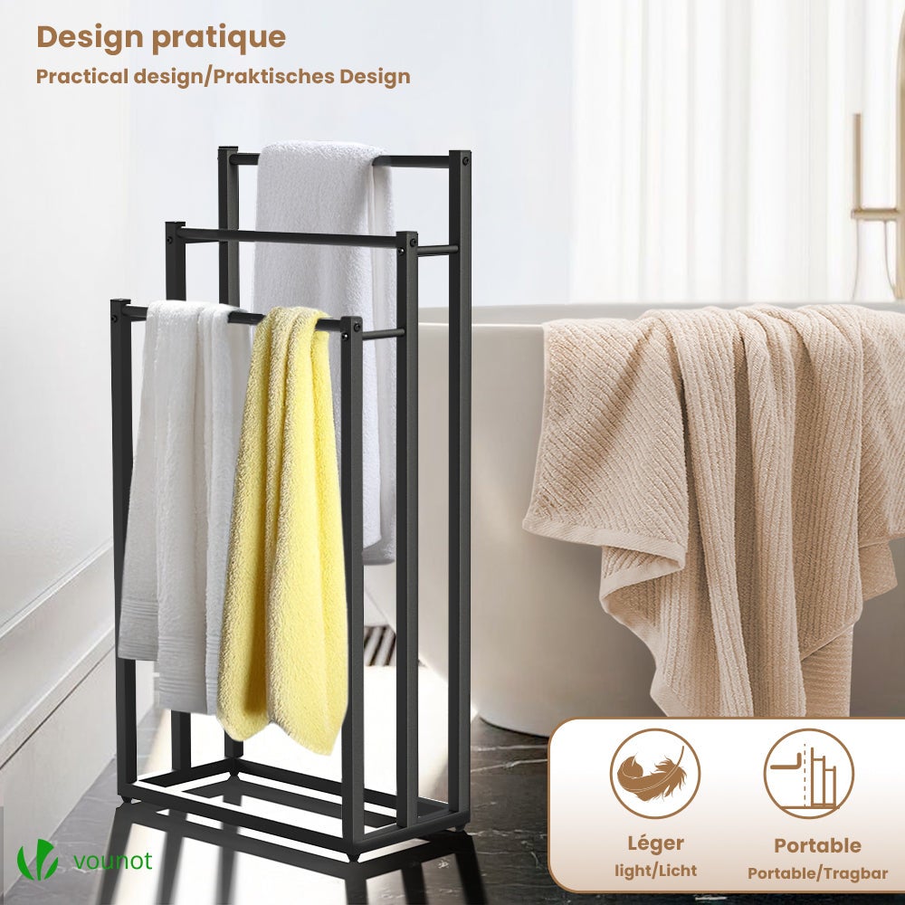VOUNOT® Porta Asciugamani Bagno da Terra, Portasciugamani Autoportante in Metallo con 3 Bracci, Organizzatore per Bagno, 45x22x86 cm, Nero - 7