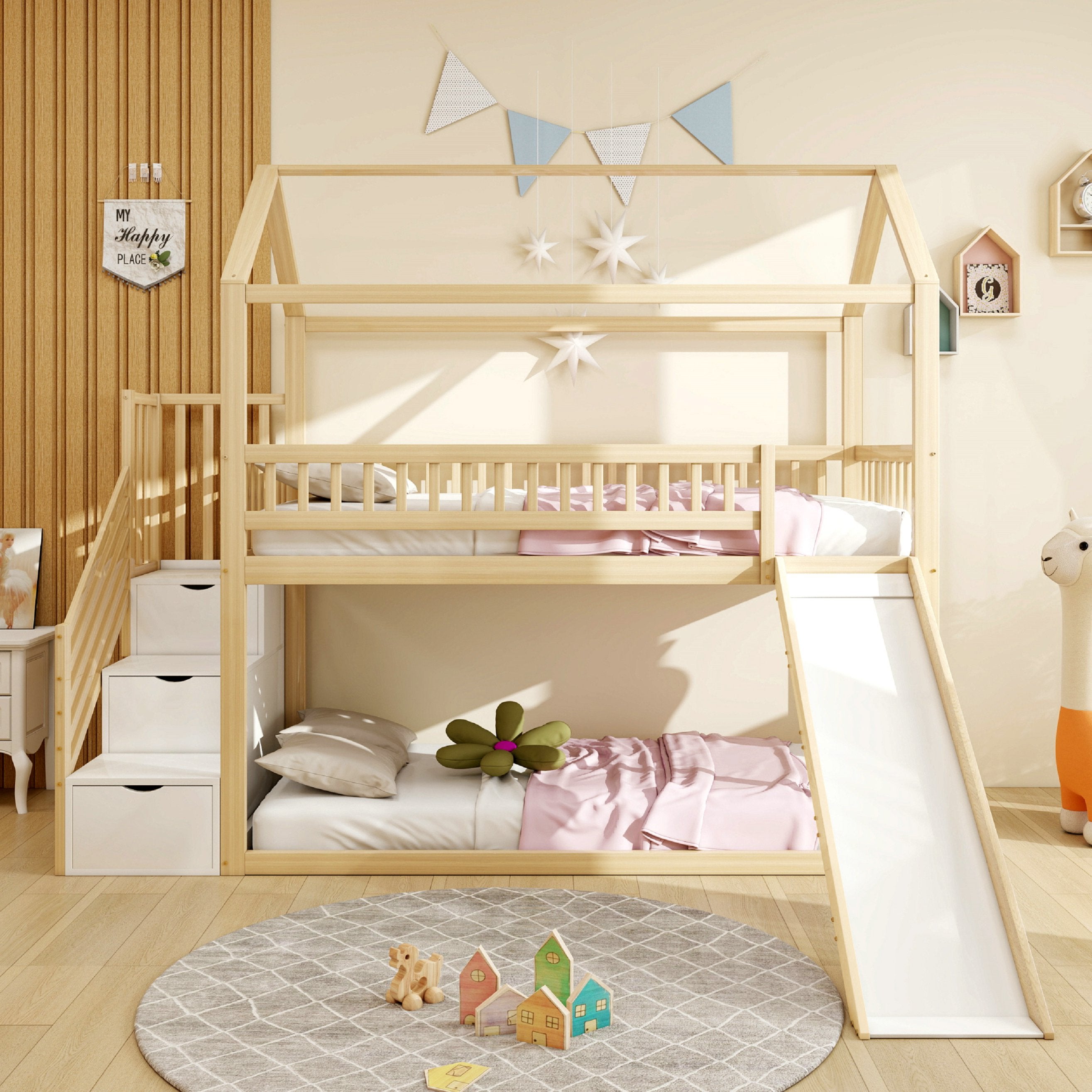 Lit Mezzanine Enfant 90x200 Avec Toboggan Et étagères - Cadre Bois Massif, Barrière Sécurité, Bandeau LED - Sans Matelas