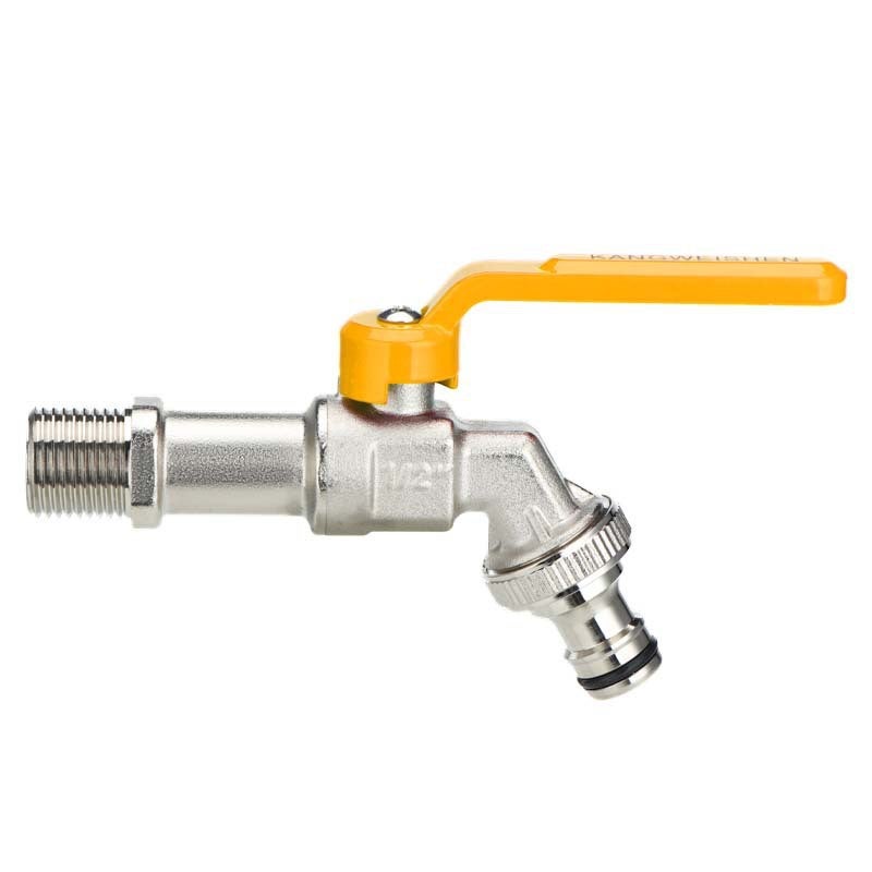 Zawór kulowy - Uchwyt płaski - Przyłącze męskie 1/2" - Przyłącze 3/4", żółty, odpowiedni do pralek zewnętrznych, przystosowany do zimy