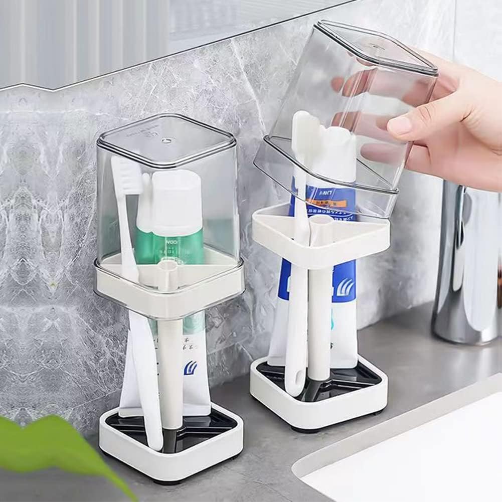 Porte-Brosse à Dents Blanc Avec Couvercle - Support 3 Fentes, Plateau Étanche, 22x10 Cm