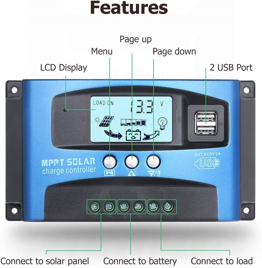 Contrôleur de charge solaire 40 ampères pour panneaux solaires automatiques et batteries 12V/24V, avec écran LCD et deux ports USB 5V. - 2