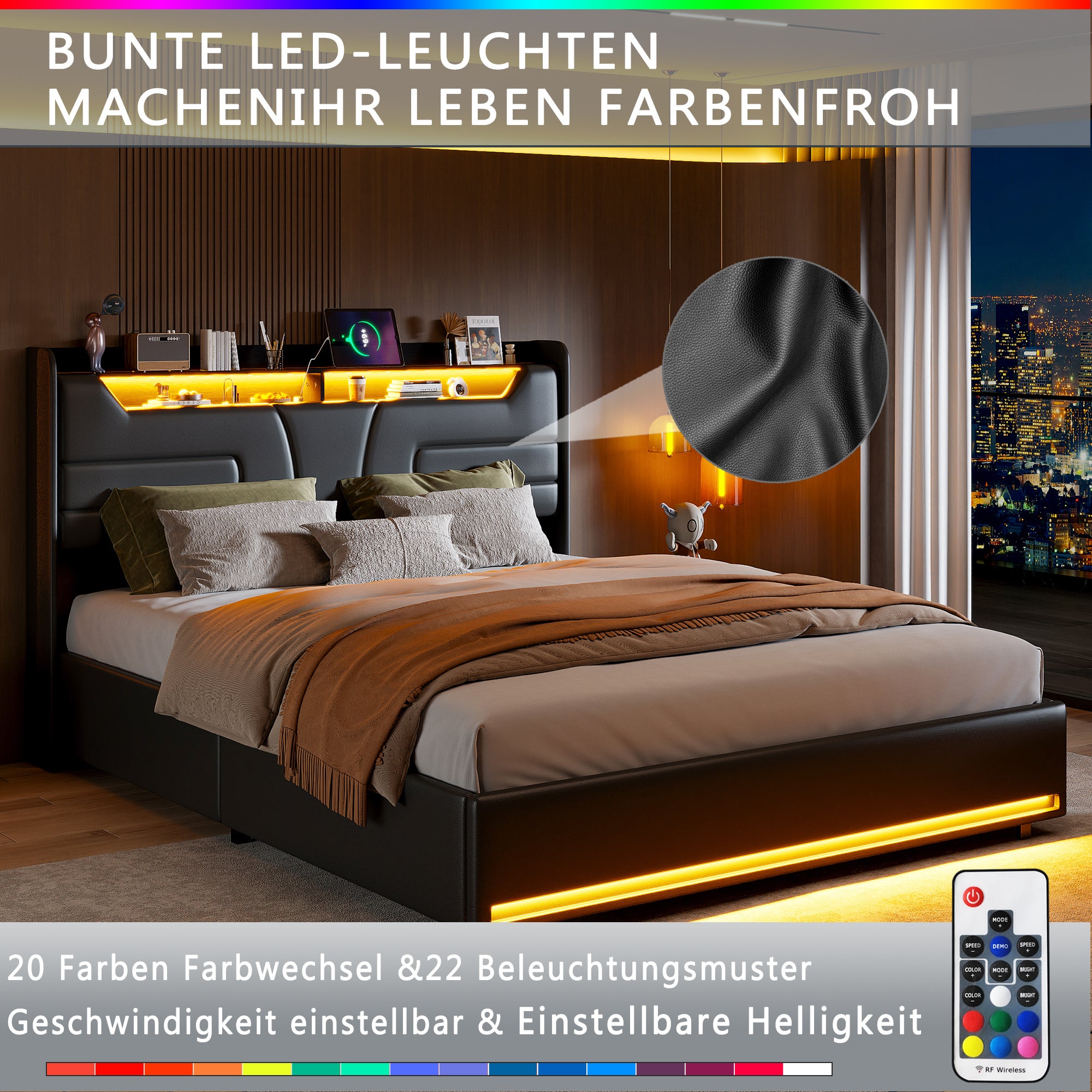 Lit 160x200cm - lit coffre 160 LED avec sommier et tête de lit avec étagères, port charge - Pu - Noir - 9