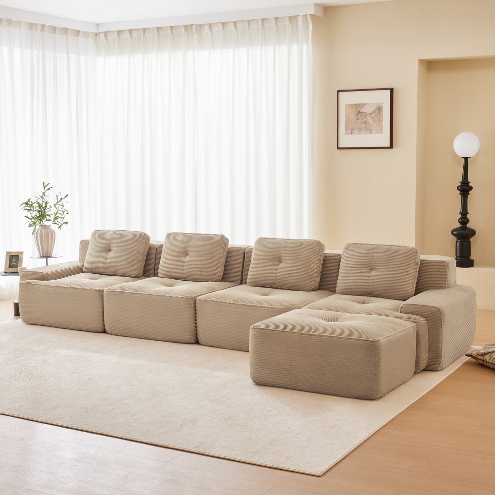 Sofa narożna, w kształcie litery L, 4-osobowa, modułowa, sztruks, głębokie siedzisko, z szezlongiem, beżowa