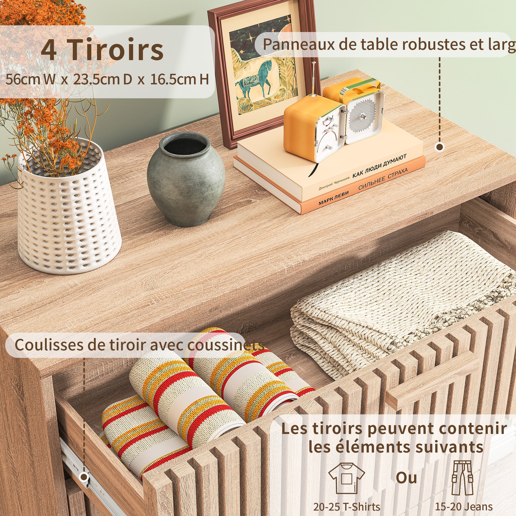Commode, 4 tiroirs, Chiffonnier, pieds antidérapants et poignée en bois, convient aux salons et aux chambres, 60x91x34 cm - couleur bois naturel - 4