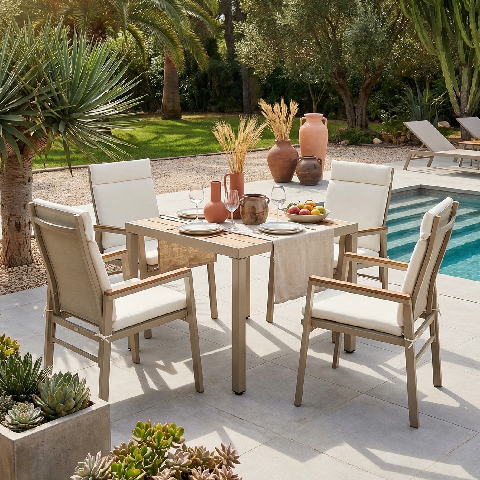 Conjunto de Comedor para Jardín de 4 Personas - Mesa y 4 Sillas de Hierro Galvanizado y Tablero de WPC Khaki y Beige - 4
