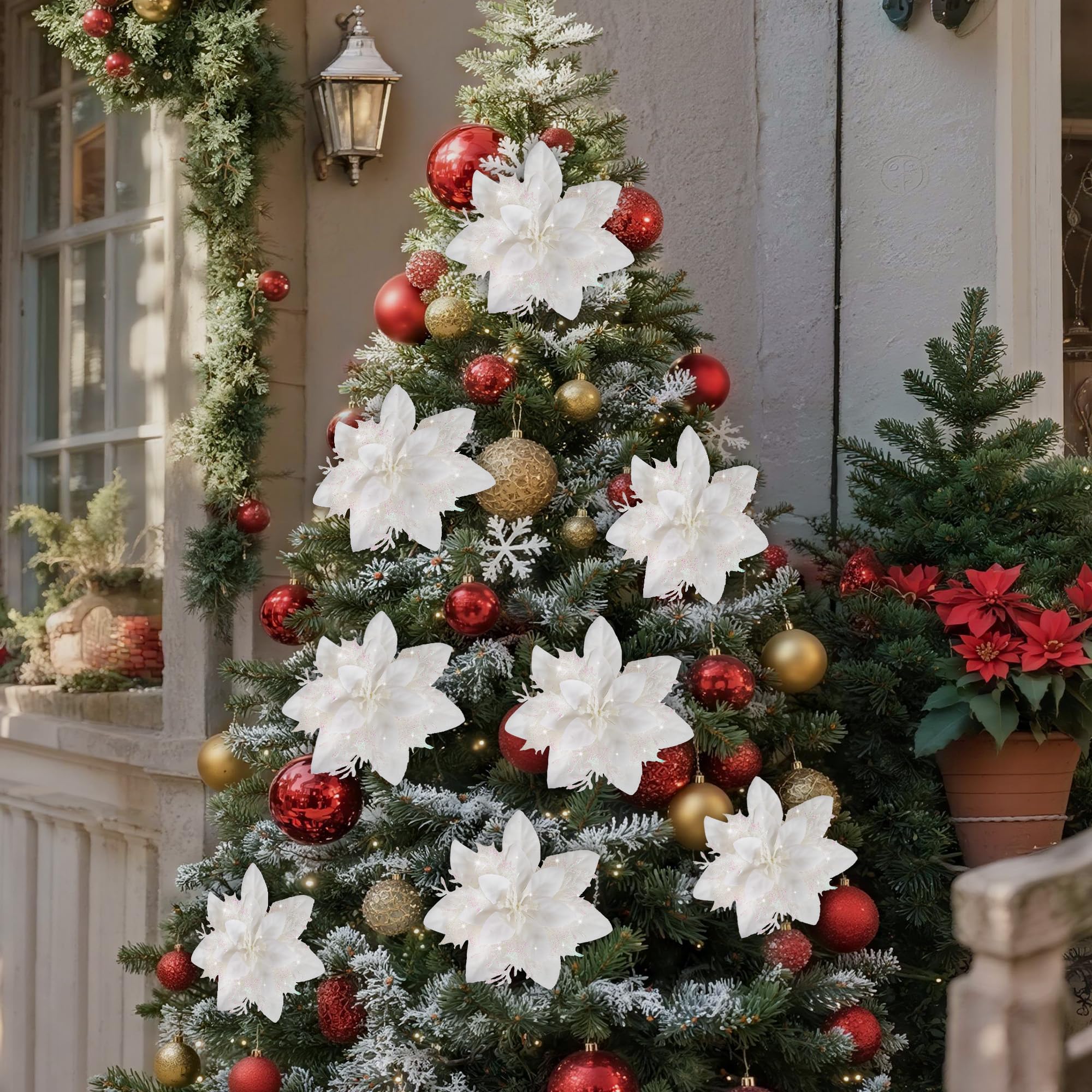 Lot de 10 décorations de Noël, fleurs artificielles scintillantes avec clips, décorations pour sapin de Noël, pendentifs de fleurs artificielles - 3