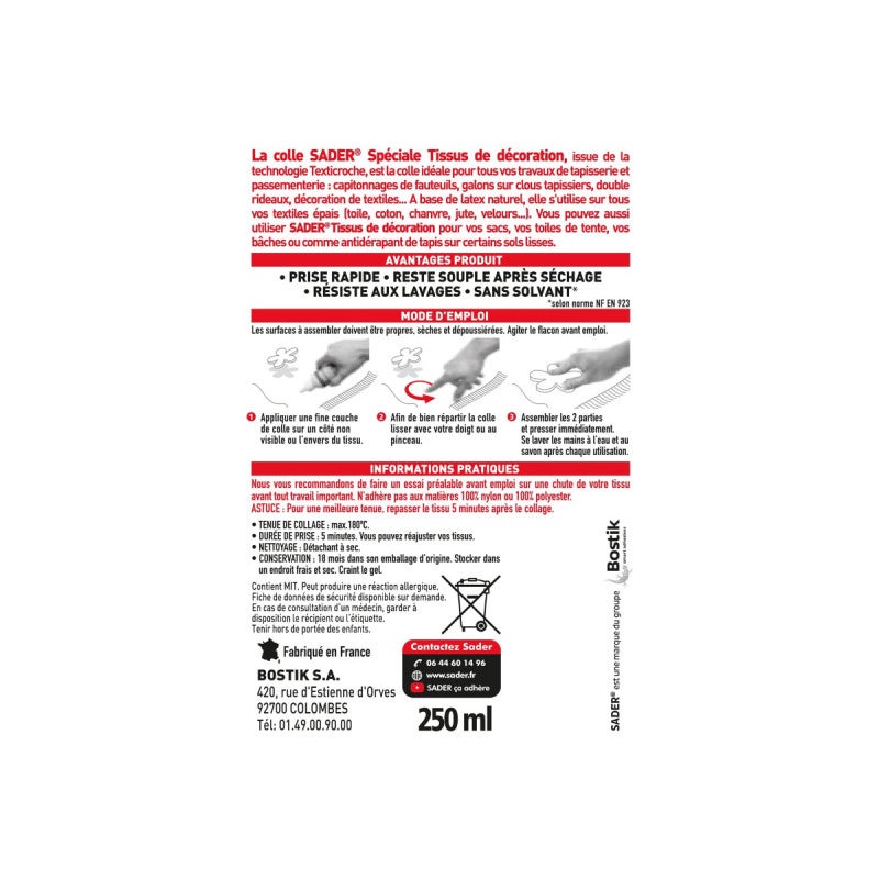 Colle tissus et textiles SADER - Finis les ourlets - Biberon 250ml - 2