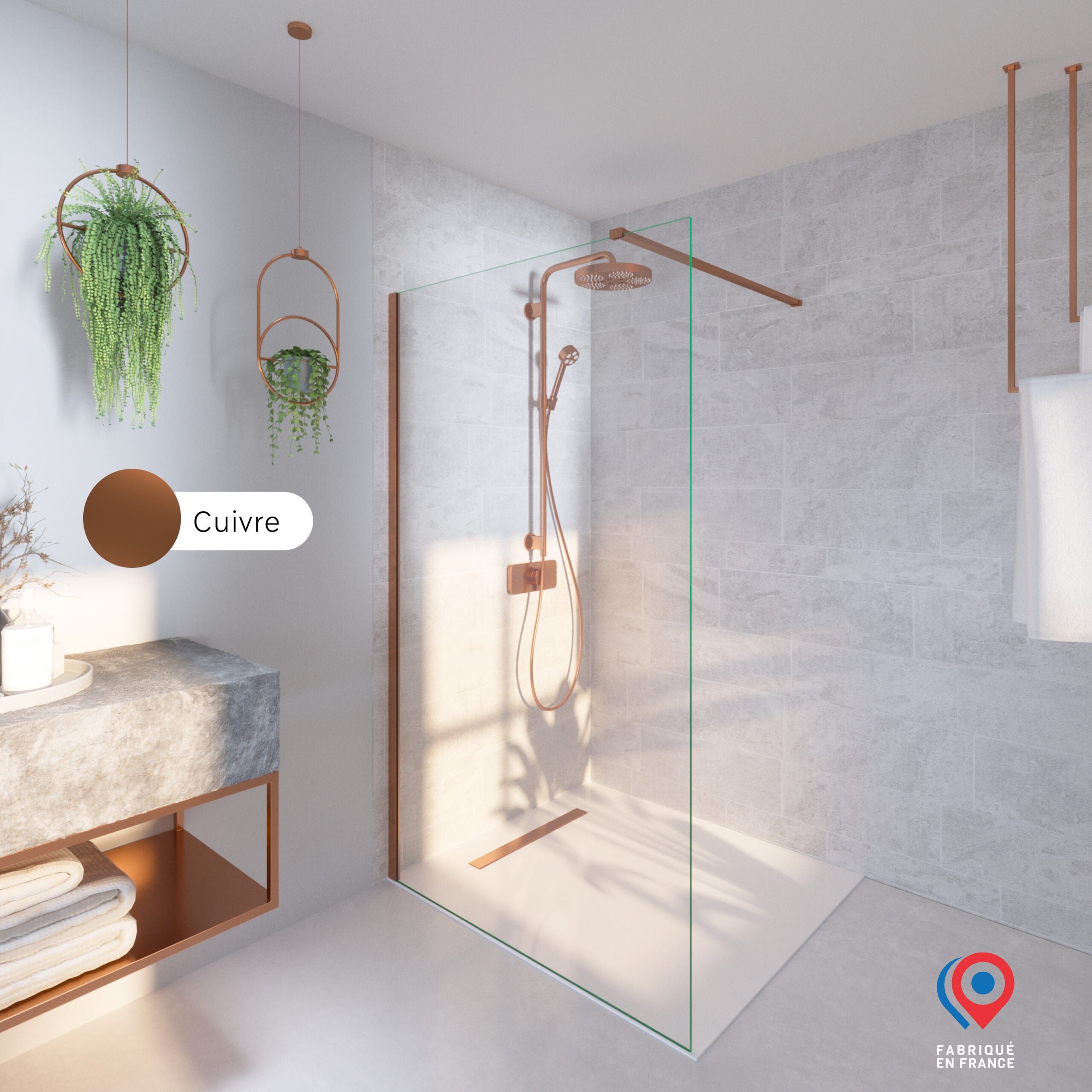 Kit Paroi de douche transparente + Rail cuivre Baléares H.198 x L.100 cm Fabrication