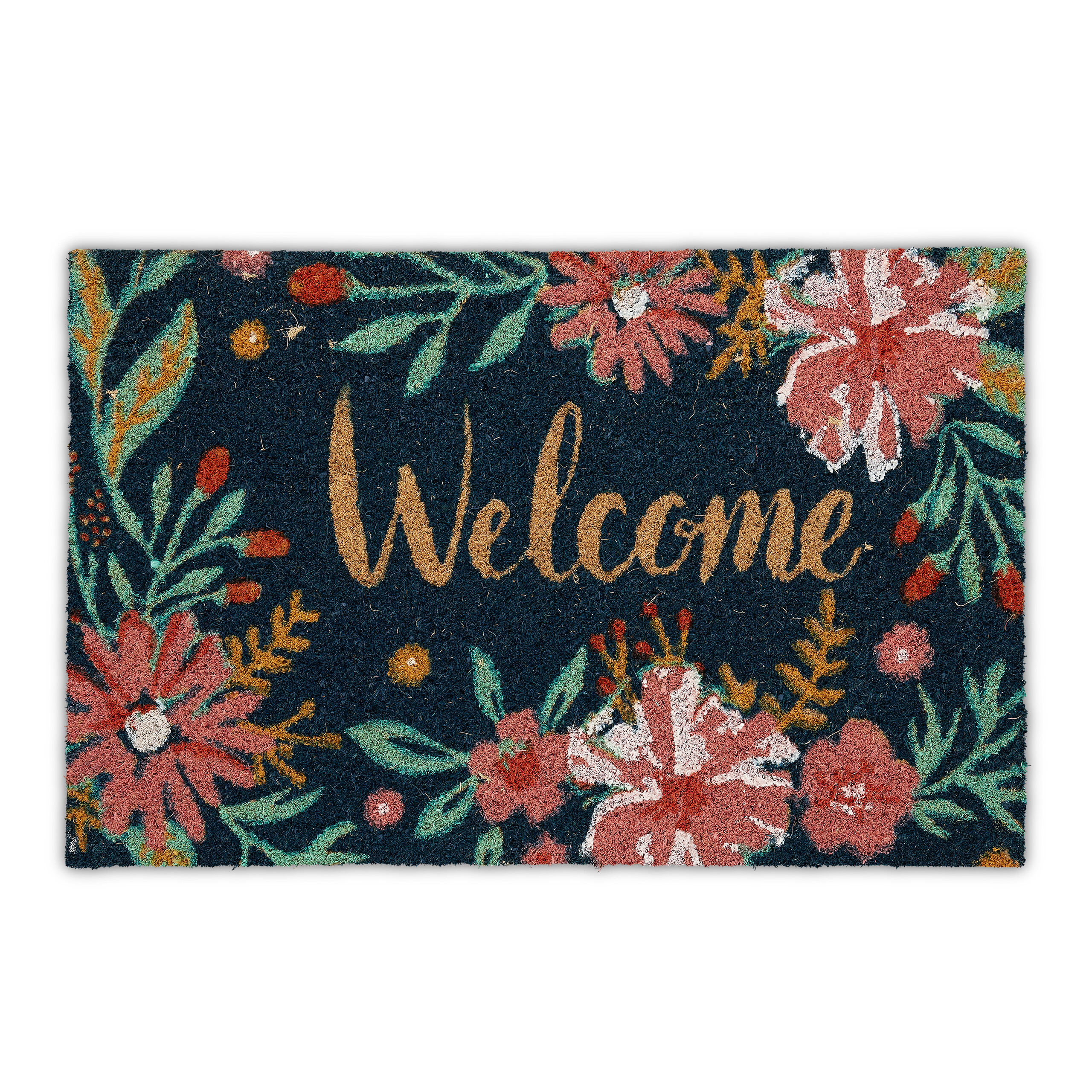 Relaxdays felpudo de coco, estampados flores, palabra welcome, 60 x 40 cm, alfombrilla interior y exterior, multicolor