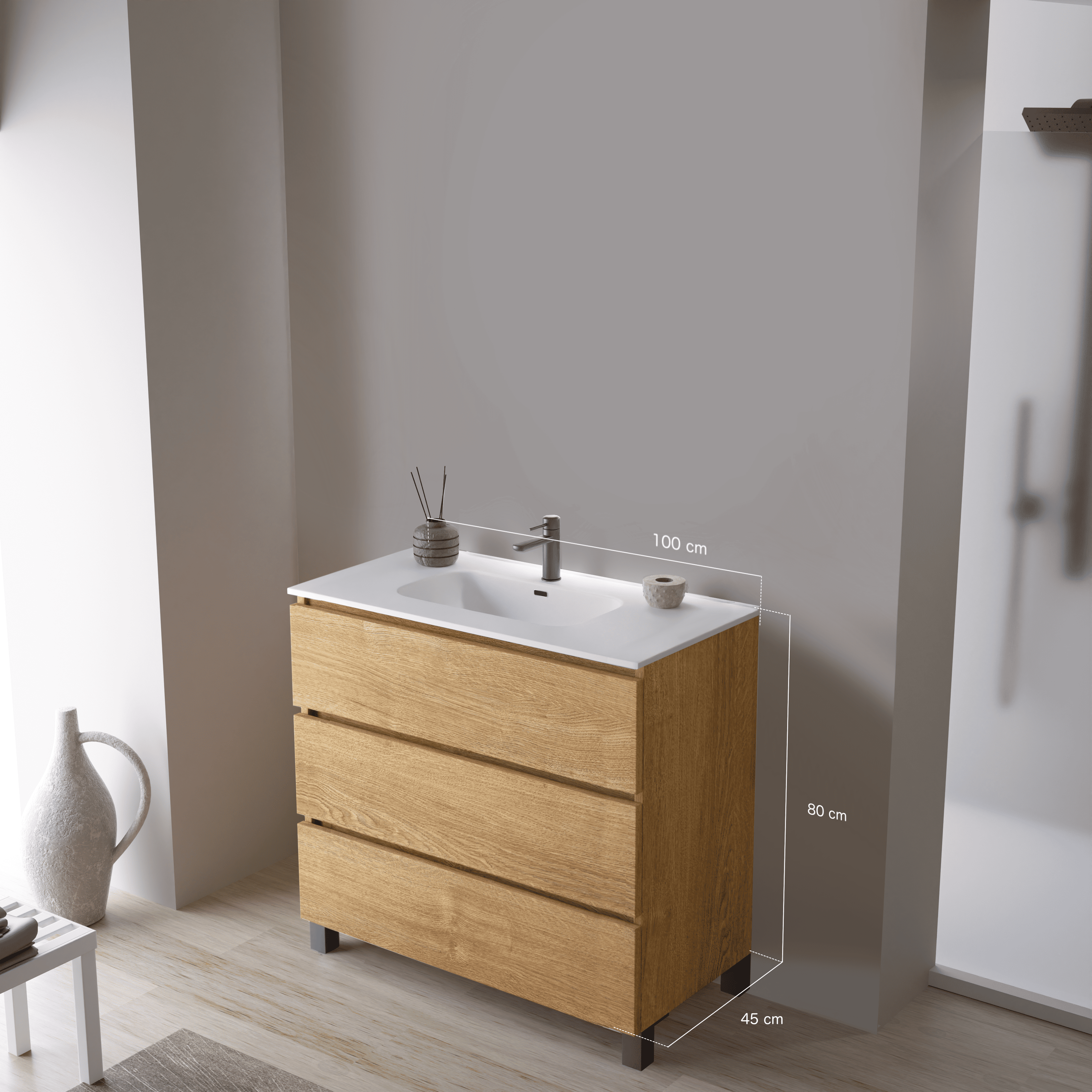 Feel Your Bath, Meuble SDB Effet Bois 100 cm + Vasque Céramique Blanc Brillant – 3 Tiroirs et Pieds, Grand Format - 3