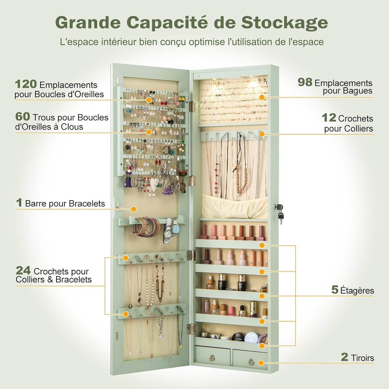 Armoire à Bijoux avec Miroir, Armoire a Bijoux Murale avec Éclairage LED, 2 Tiroirs, Fixer au Mur ou à Suspendre sur Porte (Vert) - 7