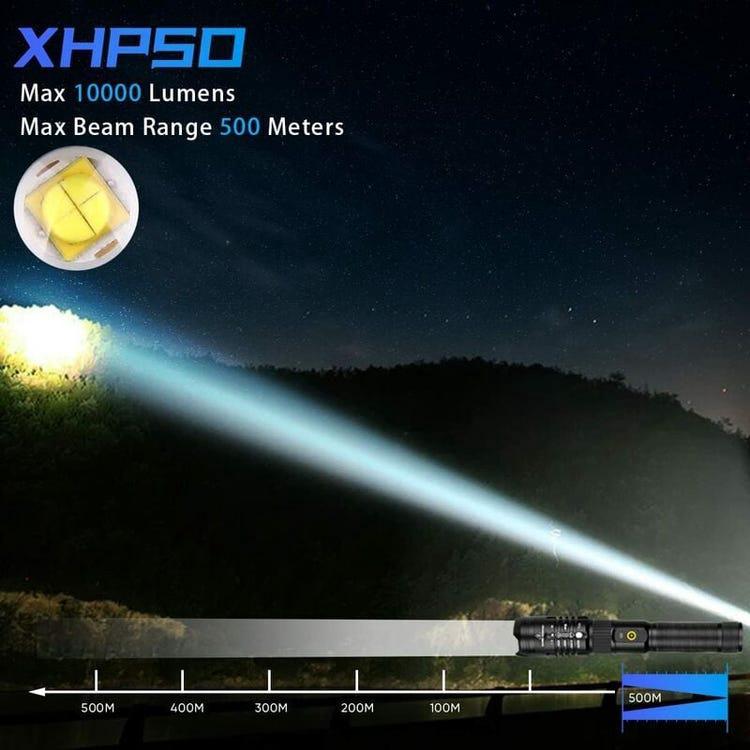 Torcia LED Ricaricabile 10000 Lumen - Potente, Zoomabile, 4 Modalità, USB-C, Impermeabile IPX4 Per Outdoor