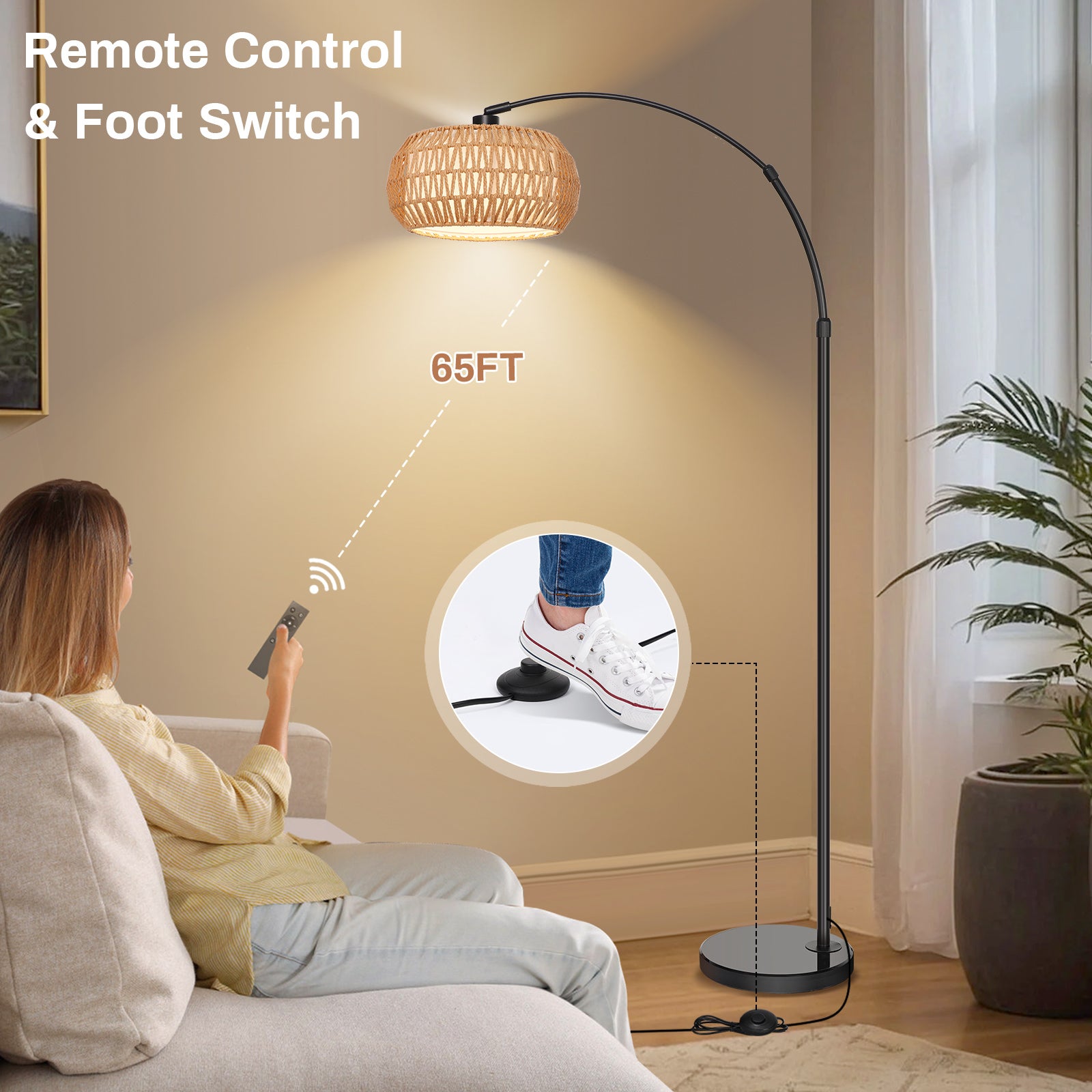 Lampadaire en rotin réglable avec télécommande – design boho, lampe de salon LED avec étagère, interrupteur au pied - 7