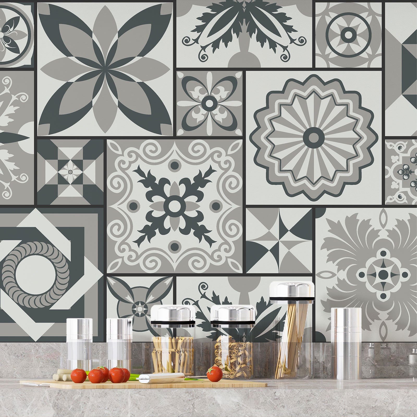 Crédence adhésive sticker décoratif pour cuisine - Effet carreaux de ciment - Adhésif BRILLANT - 60x180 cm - 4