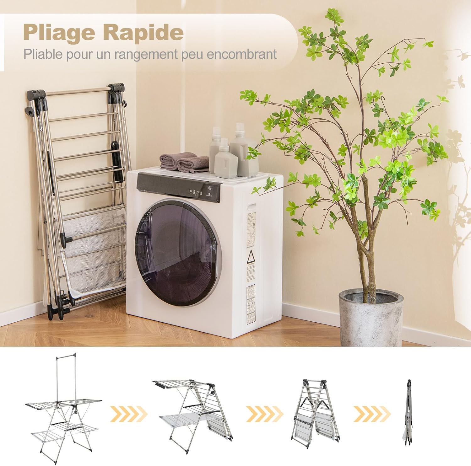 Étendoir Linge Intérieur,en Acier Inox, Cintre Haut 182 cm, Grand Filet de Séchage, Tancarville Linge Solide Réglable 70-140 cm - 3